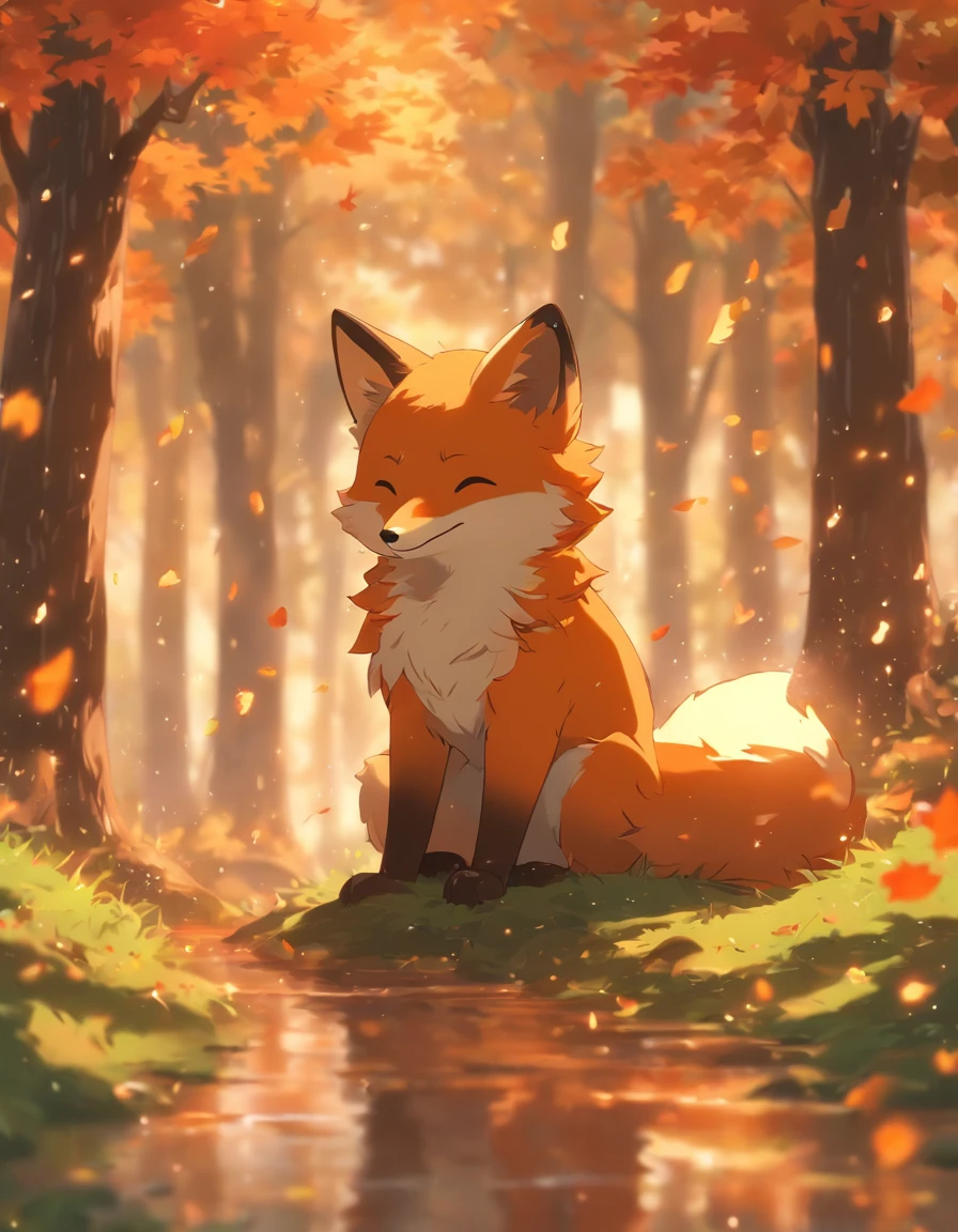 (best quality,4k,8k,highres,masterpiece:1.2),ultra-detailed, lots of mapple leaf falling,colorful autumn scene,lonely fox,cute fox,autumn forest,fox wearing cloak made of maple leaves,hiding fox,root of a tree,rainy day,serene atmosphere,maple trees,fall foliage,beautifully colored fox,dark green and orange leaves,peaceful environment,natural lighting,soft raindrops,leaves on the ground,gentle mist,flickering sunlight through the trees,majestic tree trunks,quiet solitude,magical atmosphere
