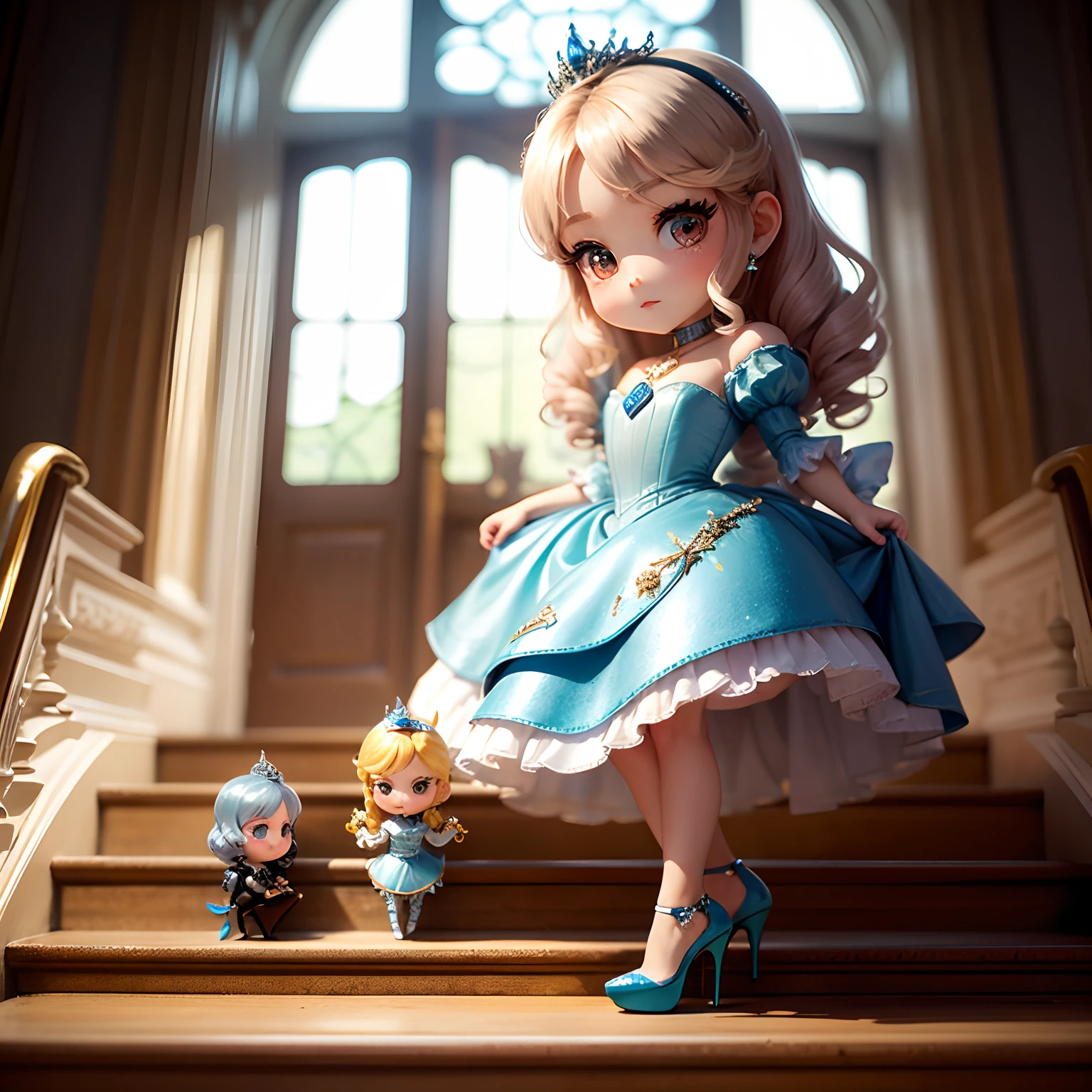 masterpiece、top-quality、ultra-detailliert、(Chibi Cinderella:1.2)、Stairs of the French Royal Palace、12 o'clock clock、run、(Glass High Heels:1.3)