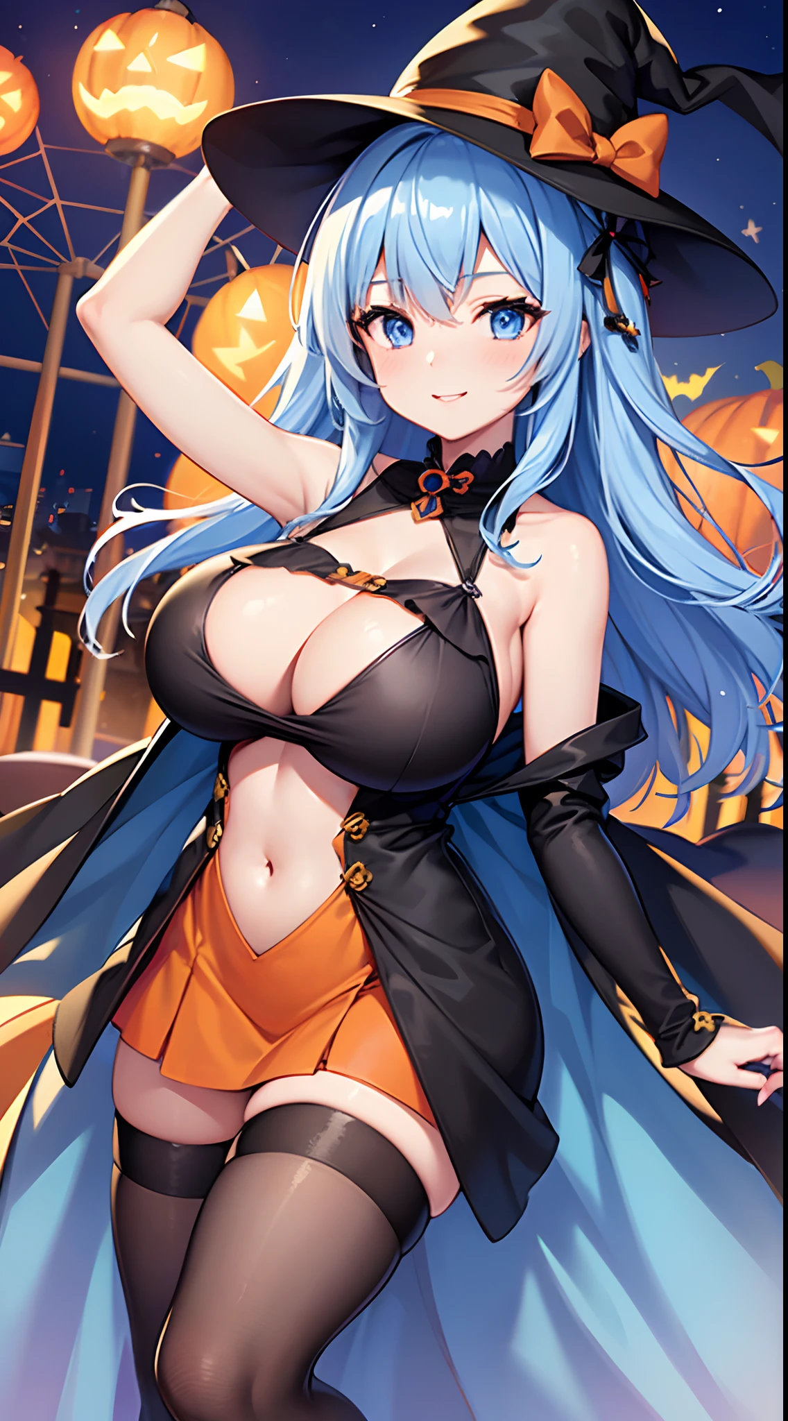 1 girl, game CG, orange mini dress, visible cleavage, visible shoulders, visible navel, black witch hat, cloak, string hair ribbon, gigantic breasts, light blue hair, middle hair, two side up, blue eyes, smile, one arm up Raise, night, amusement park, Halloween background,