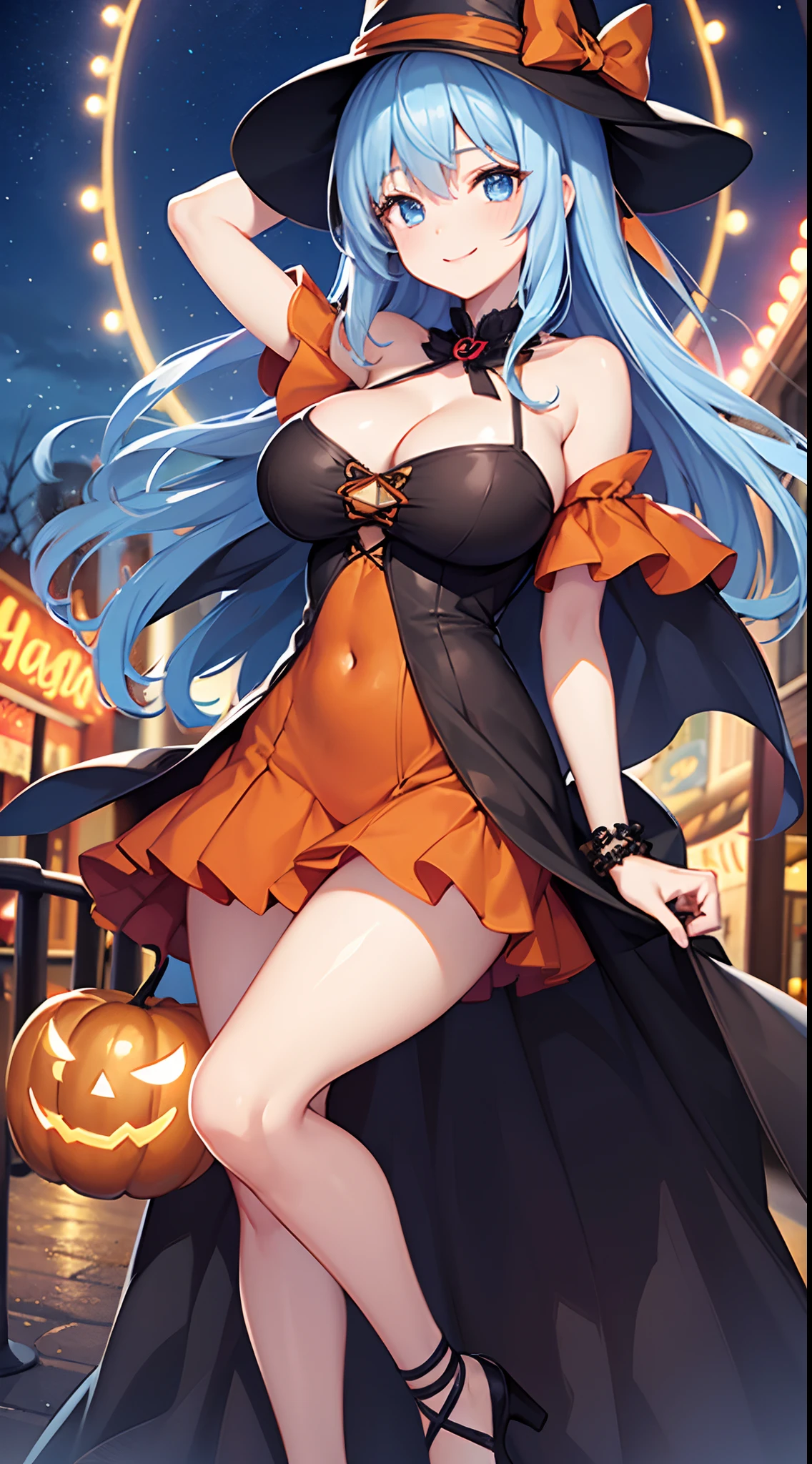 1 girl, game CG, orange mini dress, visible cleavage, visible shoulders, visible navel, black witch hat, cloak, string hair ribbon, gigantic breasts, light blue hair, middle hair, two side up, blue eyes, smile, one arm up Raise, night, amusement park, Halloween background,