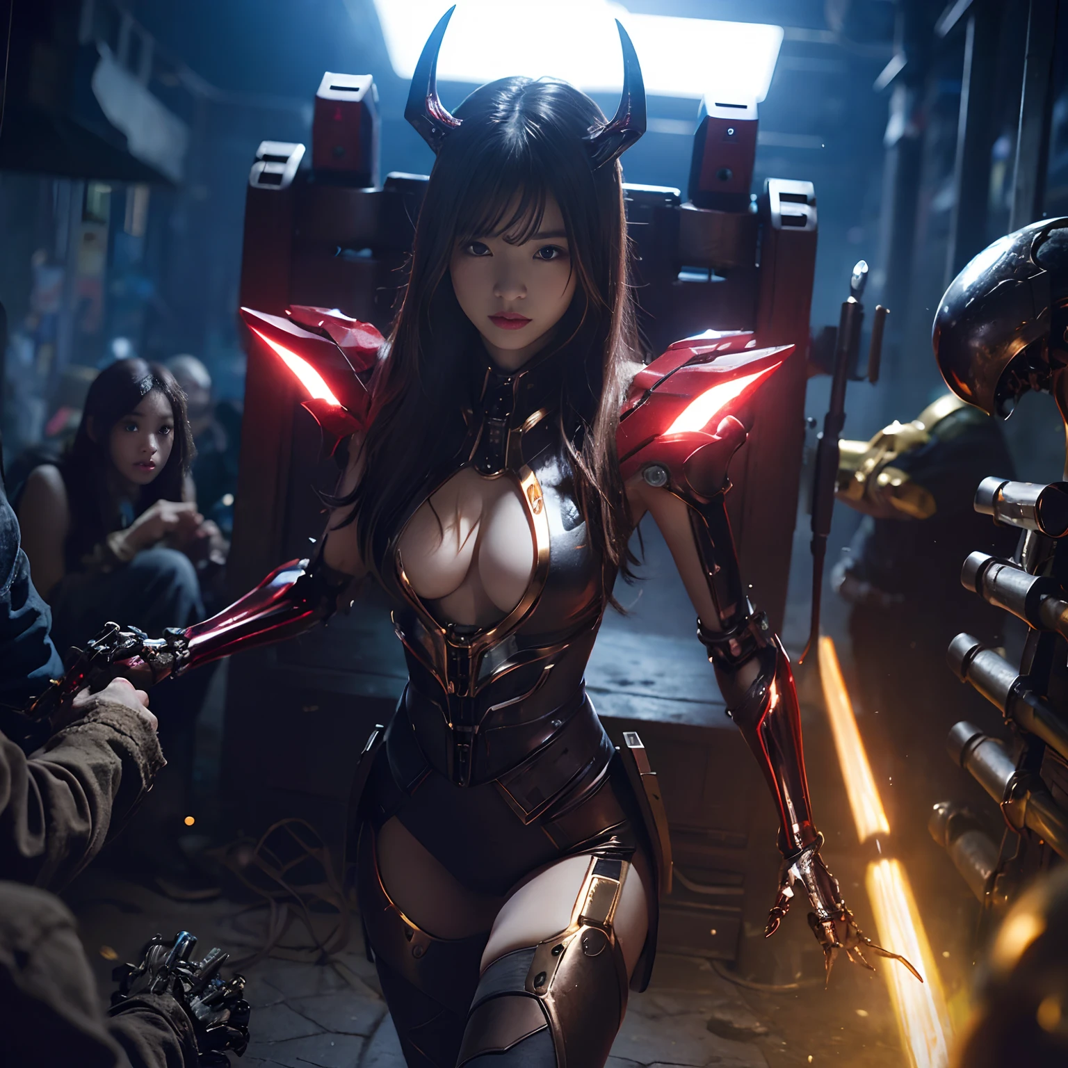(1 Mechanical Girl)、top-quality、​masterpiece、超A high resolution、(Photorealsitic:1.4)、Raw photo、女の子1人、Fight mutants、glowy skin、(((1 Mechanical Girl)))、With a beautiful knife、（Yellow Metal Bodysuit）、(Kobold、ogre、Fierce battle with orcs),（Fight fiercely against aliens）、Fight fiercely、(beautiful forest background)、(Fighting Demonic Beasts)、(Small LED)、((super realistic details))、portlate、(Strong giant demon beast background),globalillumination、Shadow、octan render、8K、ultrasharp、Colossal tits、Raw skin is exposed in cleavage、metals、Details of complex ornaments、Japan details、highly intricate detail、Realistic light、(Mystical expression),CGSoation Trends、Red Eyes、radiant eyes、Facing the camera、neon details、(Mechanical limbs)、(blood vessels connected to tubes)、Mechanical vertebrae attached to the back、mechanical cervical attaching to neck、(Wires and cables connecting to the head)、Gundam、Small LED、,Mechanical thighs、Toostock、（Hands are also made of machines）、（Attack of the Monster Beasts）、（Wounded in a deadly battle）、