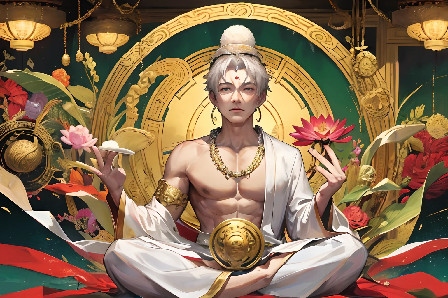The subject is the Buddha,It was a gray-haired man with Buddha beads on his chest,There is a divine ring on the head,There is a law behind it,There are thirty-six Chaos Green Lotuses under him,In a golden temple,There are also many bodhisattvas in the temple,Lohan,Buddha is divided on two sides