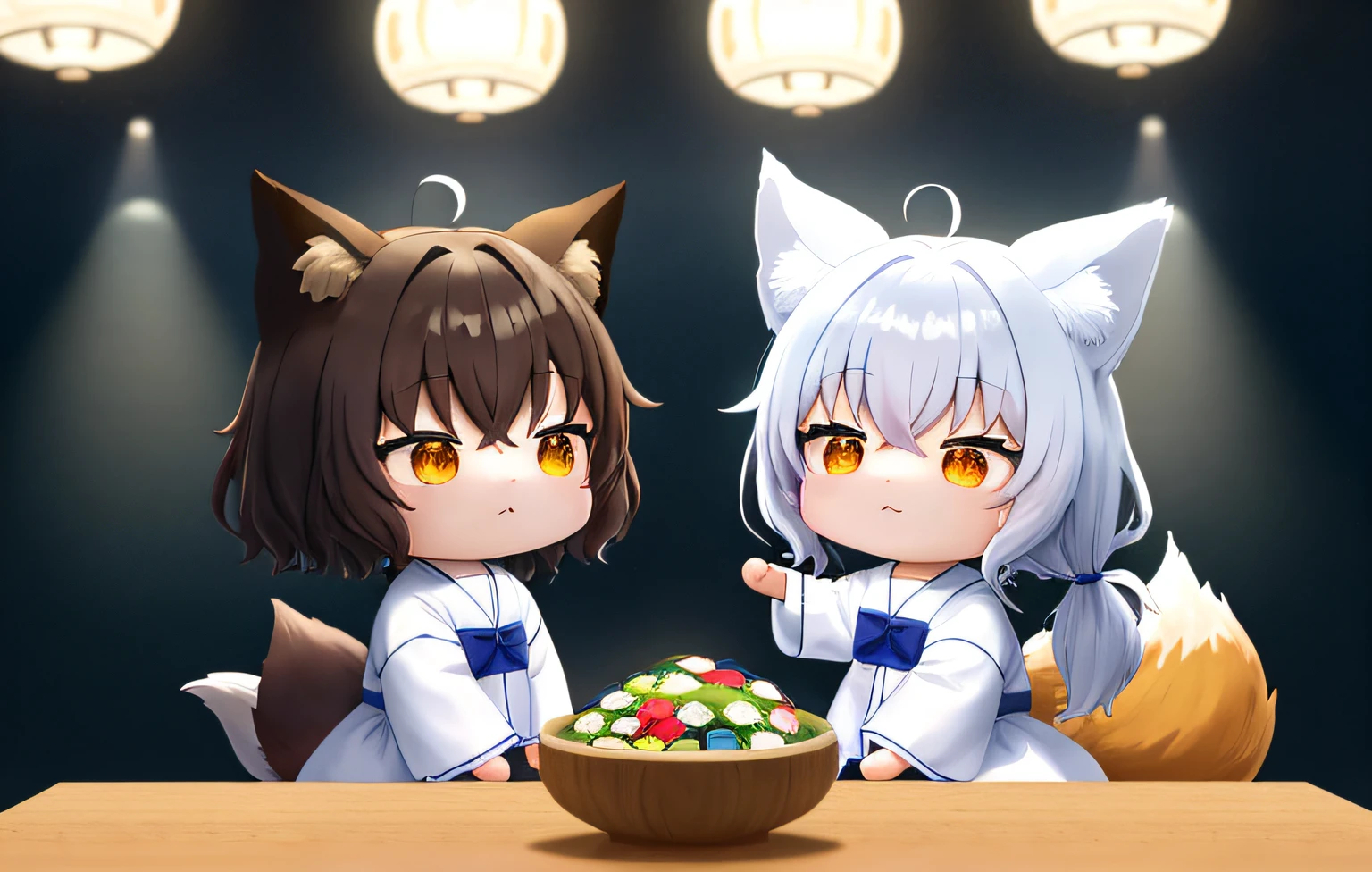 Acrobatic florist clerk、Pop Mart Blind Box IP、Close up of cute white robe doll、Young One Angel Style、Wear longer, Dress fluently、Lop style、Poseline doll、Little people々々々々々々々々々々々々々々々々々々々々々々々々々々々々。unreal enginee 5、Light 3D/C4D production: 8K HD quality/illuminating/Ultra-fine lens description 1.5、flawless、Chibi Background/Cinematic。Tuna bowl、macadamia、(((７Foxes get along well)))