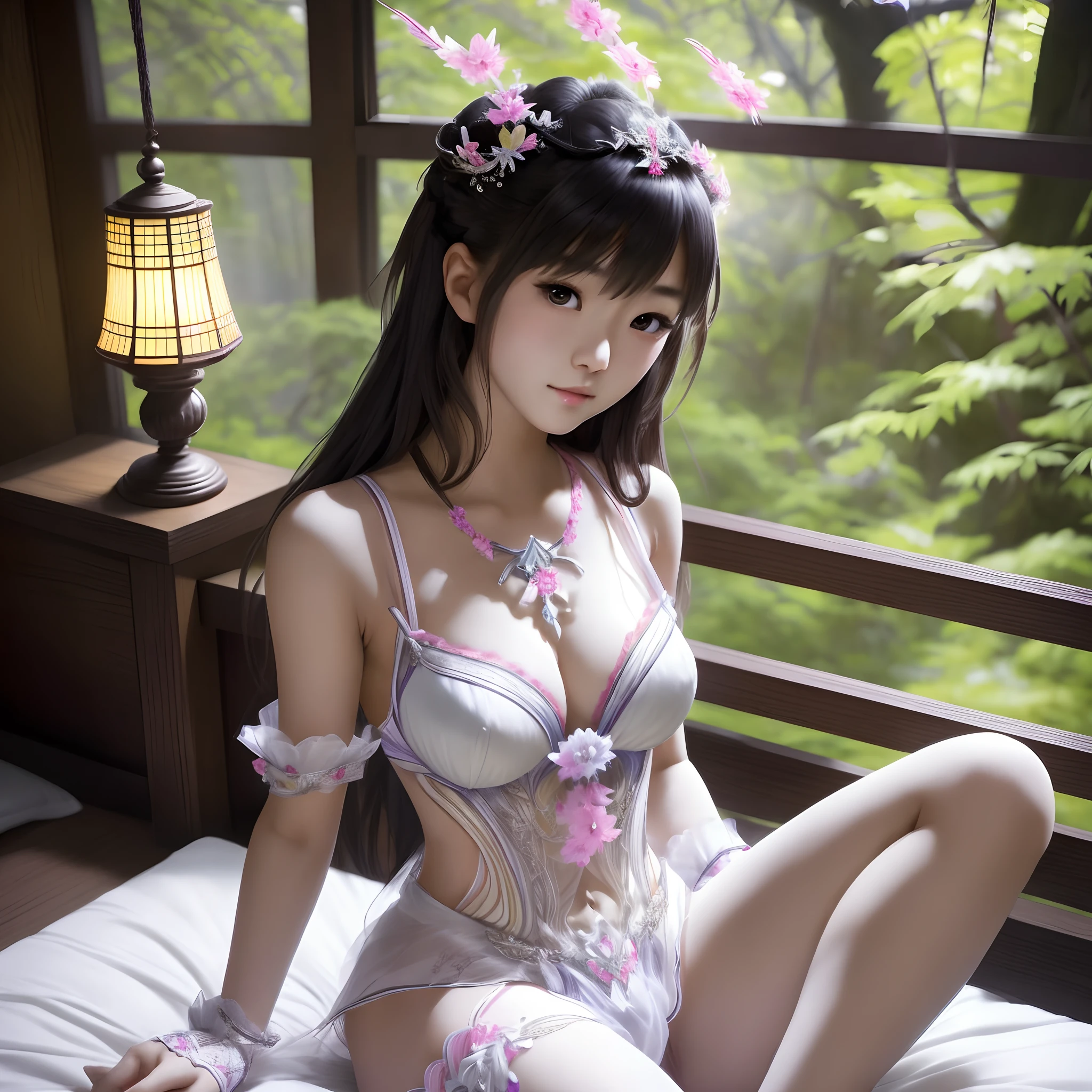 Lingerie, Asian, 16 year old woman, sitting on bed, gorgeous maid, Japan goddess, Sakimi-chan HDRI, asian, young sensual gravure idol, Japan, Yoshitomo Nara, realistic sensual gravure idol, shikamimi, dressed in beautiful white, sexy maid in the magical forest, vagina, no panties --auto --s2