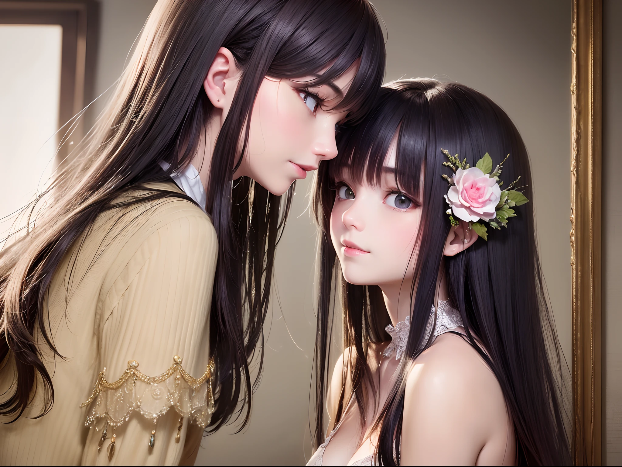 ((Finest quality)),(超A high resolution),(ultra-detailliert),(Meticulous portrayal),((Best CG)),(Finest works of art),Ultra-Precision Art,The art of astounding depiction, Mother and daughter,Paternity,stare at each other:1.5,a smile