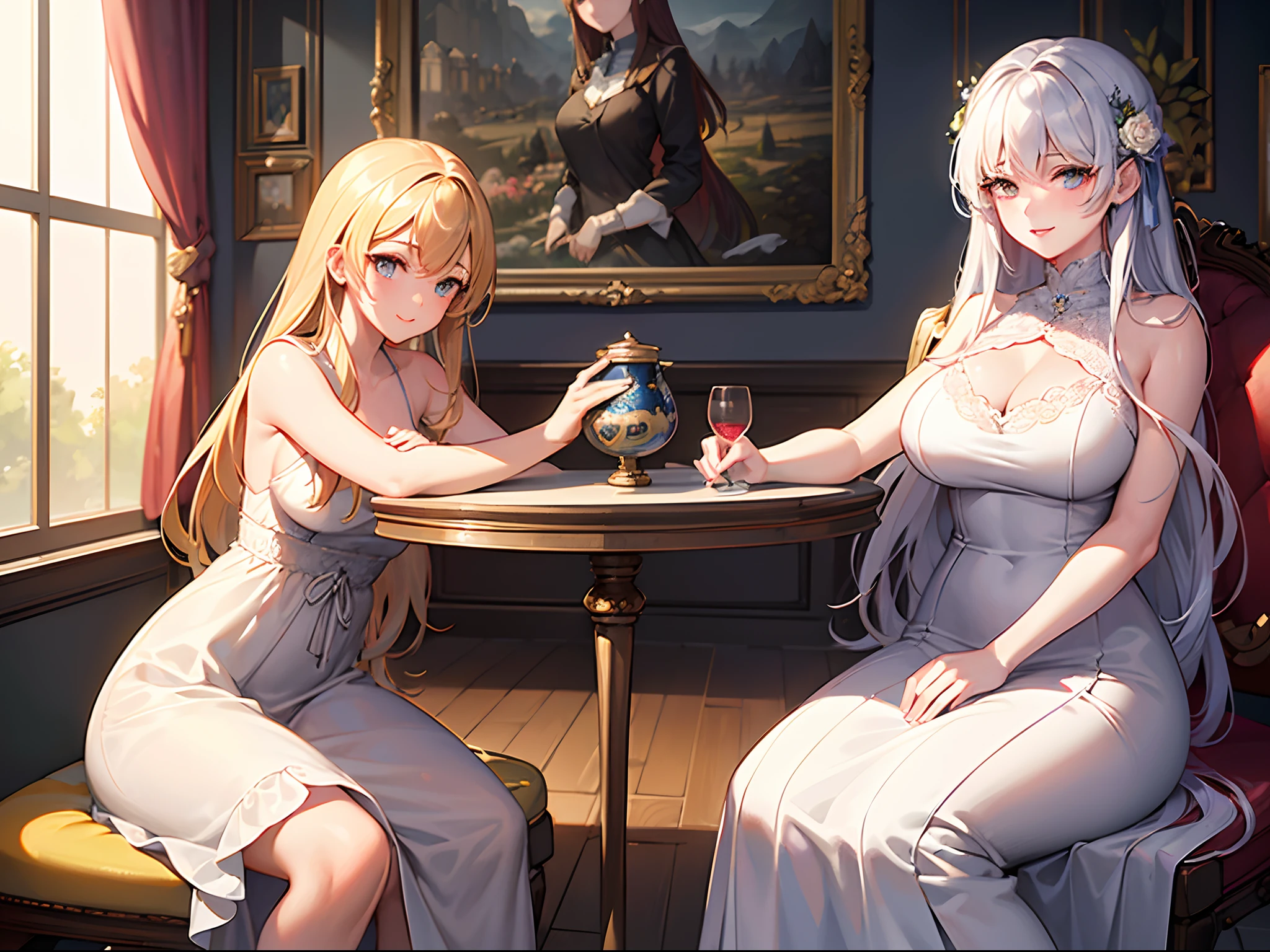 ((Finest quality)),(超A high resolution),(ultra-detailliert),(Meticulous portrayal),((Best CG)),(Finest works of art),Ultra-Precision Art,The art of astounding depiction, Mother and daughter,Paternity,stare at each other:1.5,a smile