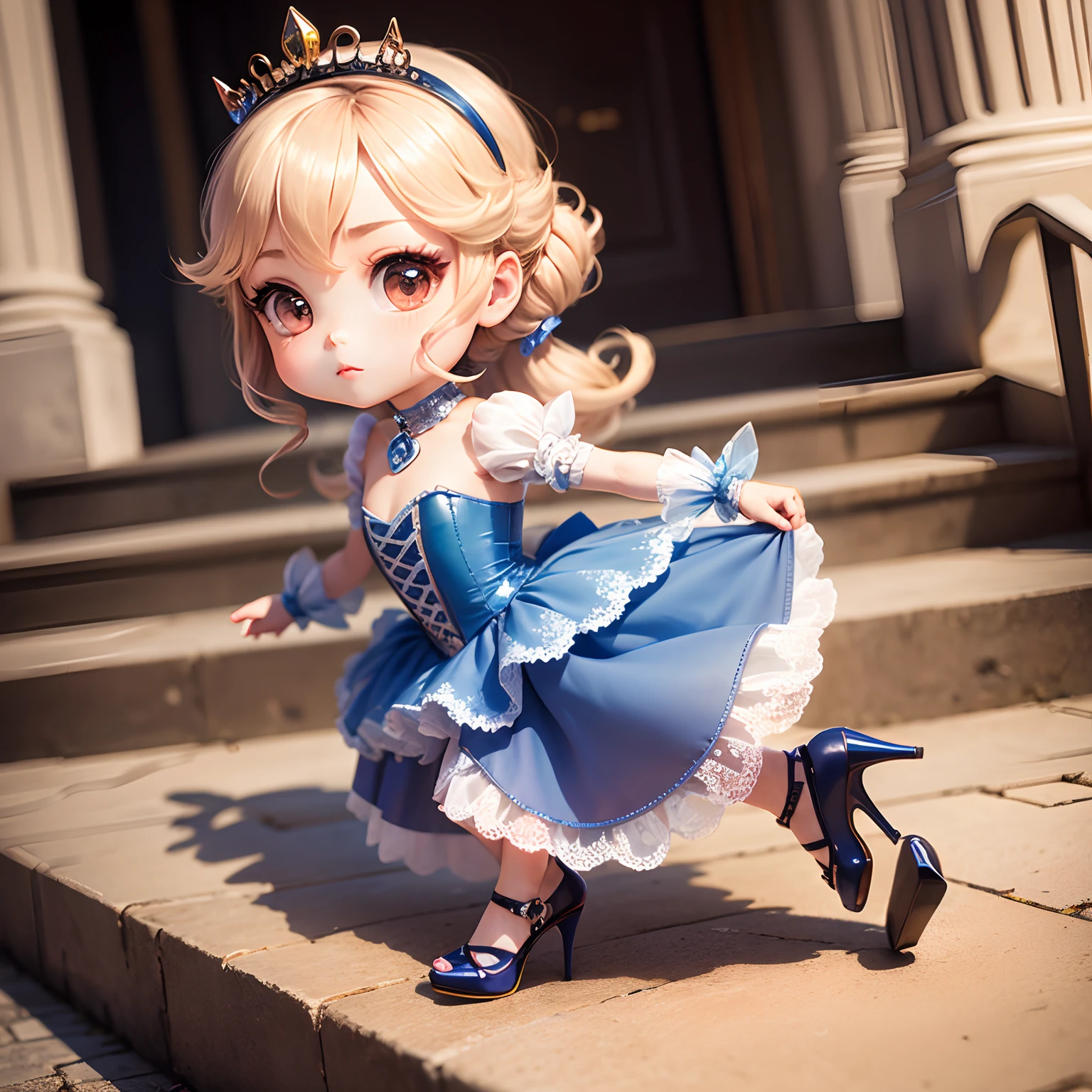 masterpiece、top-quality、ultra-detailliert、(Chibi Cinderella:1.2)、Stairs of the French Royal Palace、12 o'clock position、run、(Glass High Heels:1.3)(Chibi Prince:1.2)