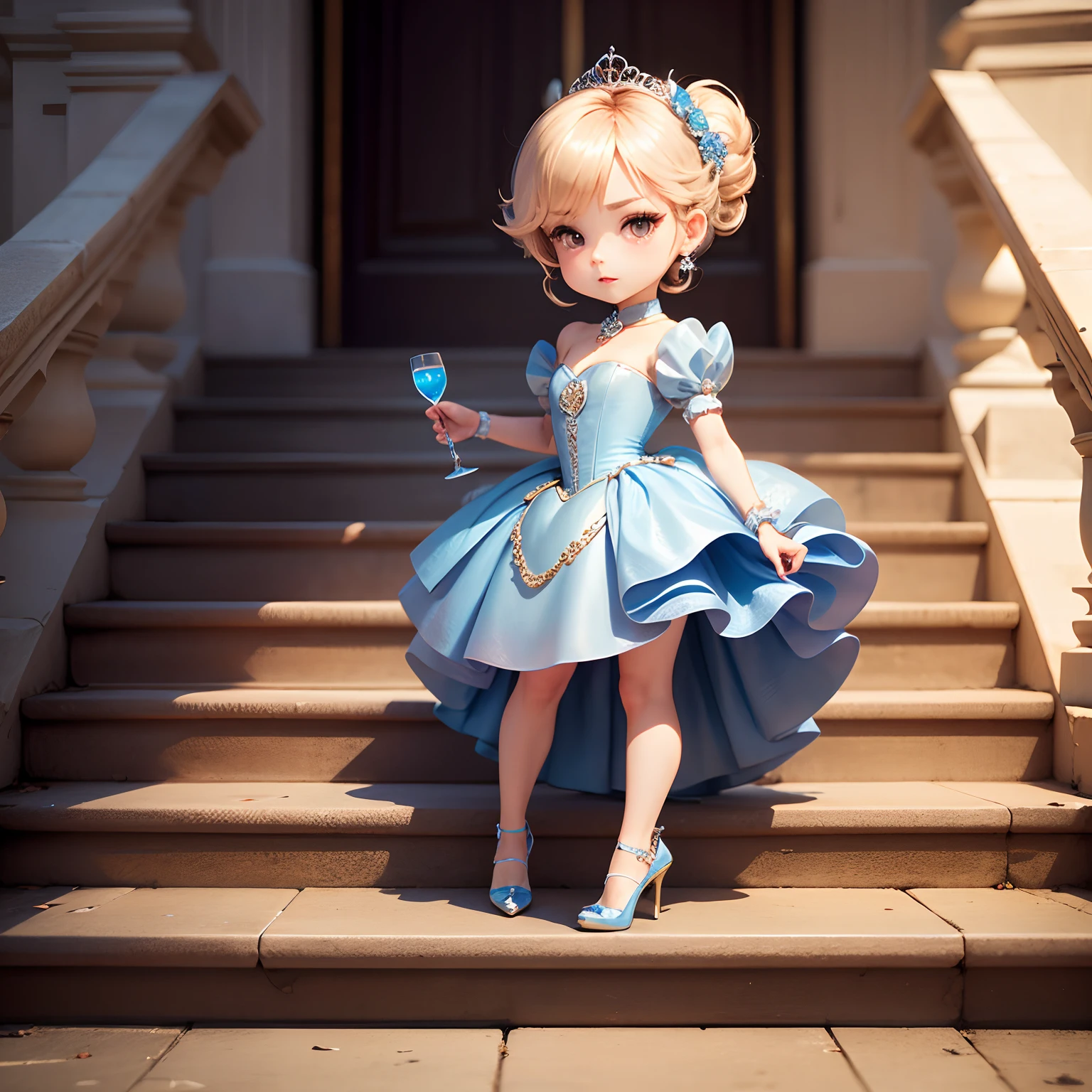 masterpiece、top-quality、ultra-detailliert、(Chibi Cinderella:1.2)、Stairs of the French Royal Palace、12 o'clock position、run、(Glass High Heels:1.3)(Chibi Prince:1.2)