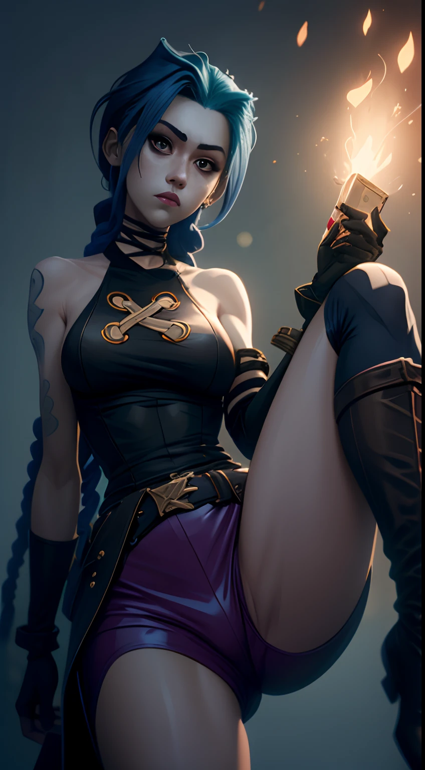 Jinx's character design, sexypose, Beautiful figure, Arcane's Jinx, Holding a sparkling and glowing box in his hands, Bright blue and purple sparks all around, glowing eyes, Pink glowing eyes, hairlong, hairsh, braided into long braids, Pigtails hang below the knee, Hair color changes from bright blue to navy blue, Dressed in brown breeches, Leather boots on the feet, Top with four gold circles on the chest in the middle of the chest, Blue cloud tattoos on shoulders and waist, Long bangs, hanging on the right side, Belt with cartridges on the belt, Arcane style, extremely detailed CG unity 8k wallpaper, detailed light, Cinematic lighting, chromatic aberration, glittering, expressionless, epic composition, dark in the background, Cherecter Desing, Very detailed, Detailed body, Vibrants, Detailed Face, sharp-focus, anime art, Vibrants, Detailed Face, Hugh Details, sharp-focus, Very drooping face, A detailed eye, super fine illustration, better shadow, finely detail, Beautiful detailed glow, Beautiful detailed, Extremely detailed, expressionless, epic composition,
