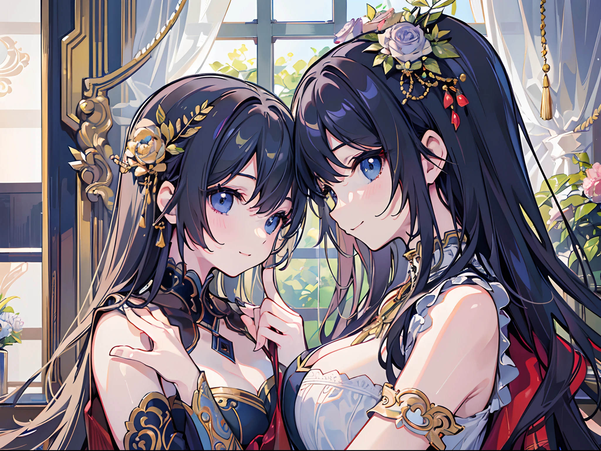 ((Finest quality)),(超A high resolution),(ultra-detailliert),(Meticulous portrayal),((Best CG)),(Finest works of art),Ultra-Precision Art,The art of astounding depiction, Mother and daughter,Paternity,stare at each other:1.5,a smile