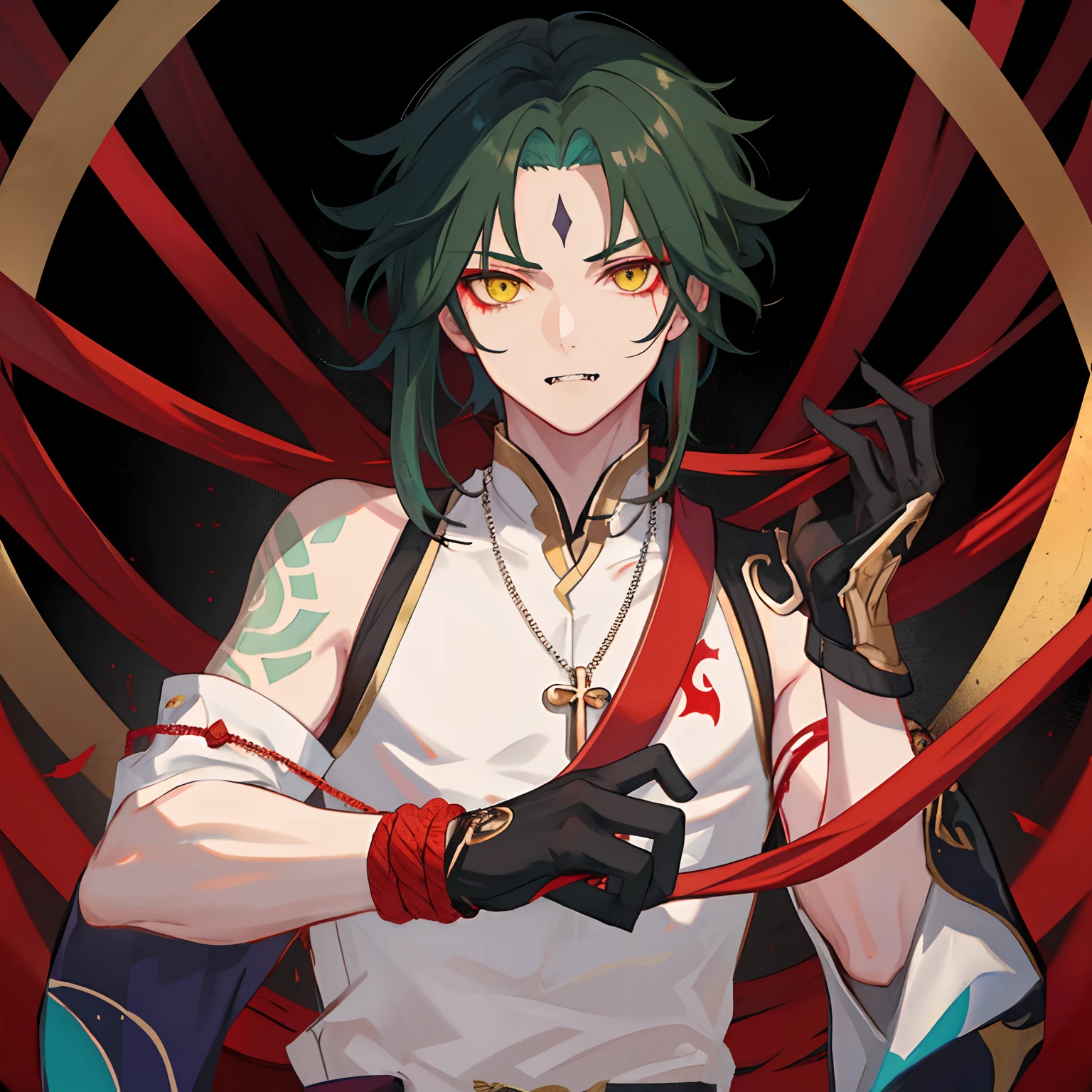 1boy,dark green hair,best quality,masterpiece,extremley,yellow eyes,male focus,beautiful eyes,Xiao (genshin impact), 1 boy, bones necklace, animal fangs necklace, arm tatoo, dark red hair, Chinese clothes, green eyes, male focus, red mark on forehead, no shirt, a red string runs from the shoulder to the chest,look at you with half an eye, smirked, put his hand to his mouth to signal silence, glove, stare at you, looking straight, make ''be quiet" signal, cover mouth by finger, looking at you, inside, red rope cover nipples, red rope cross breast