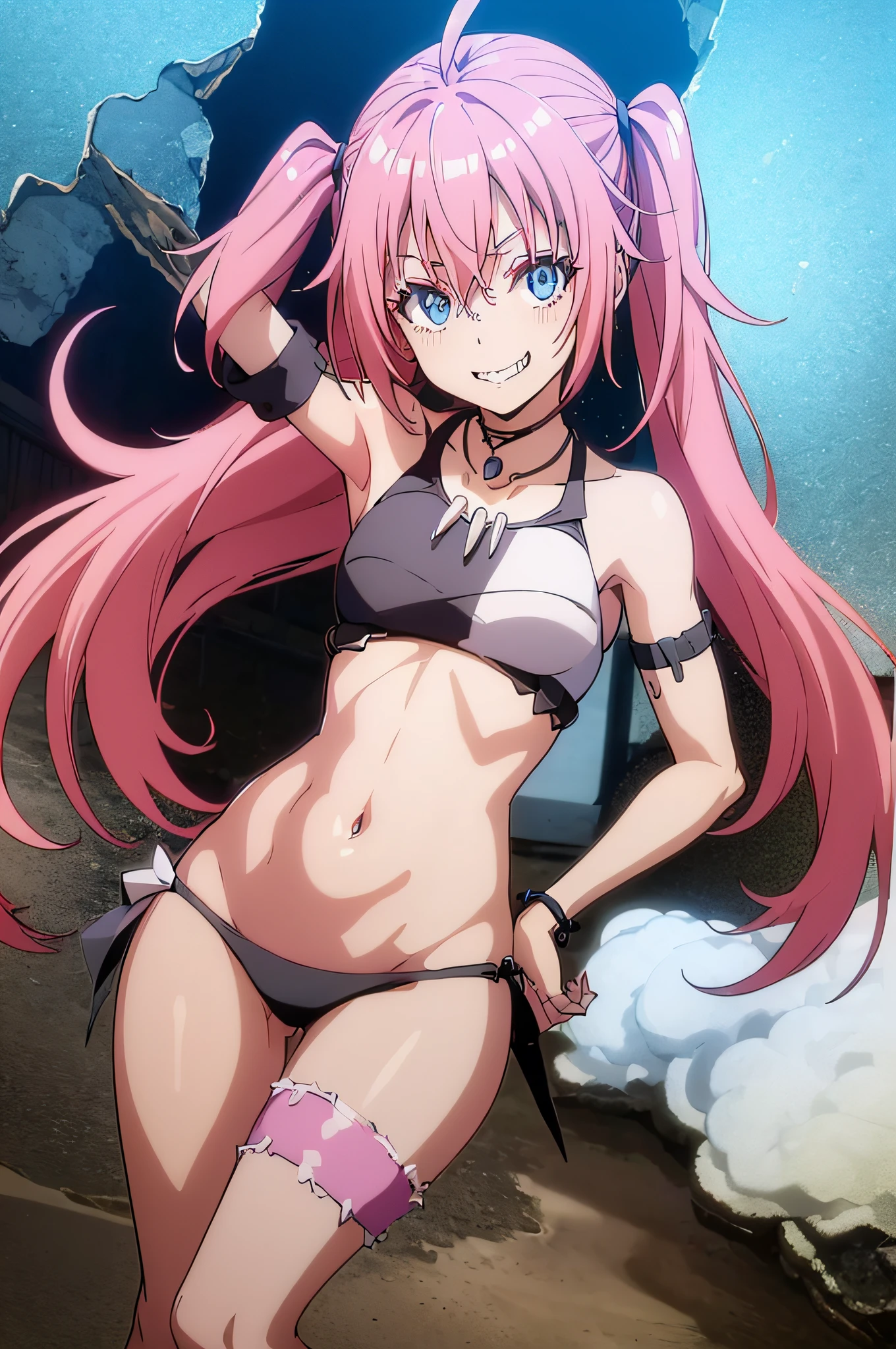 ((female)), (very messy pink hair), pigtails, (toothy smile), fangs, (third-person view), ((ripped abdomen)), toned arms and legs, small breasts, (summer beach scene) , blue eyes , yacht in the background, (((best quality))), looking at the viewer, extremely detailed CG 8k Unity Wallpaper,