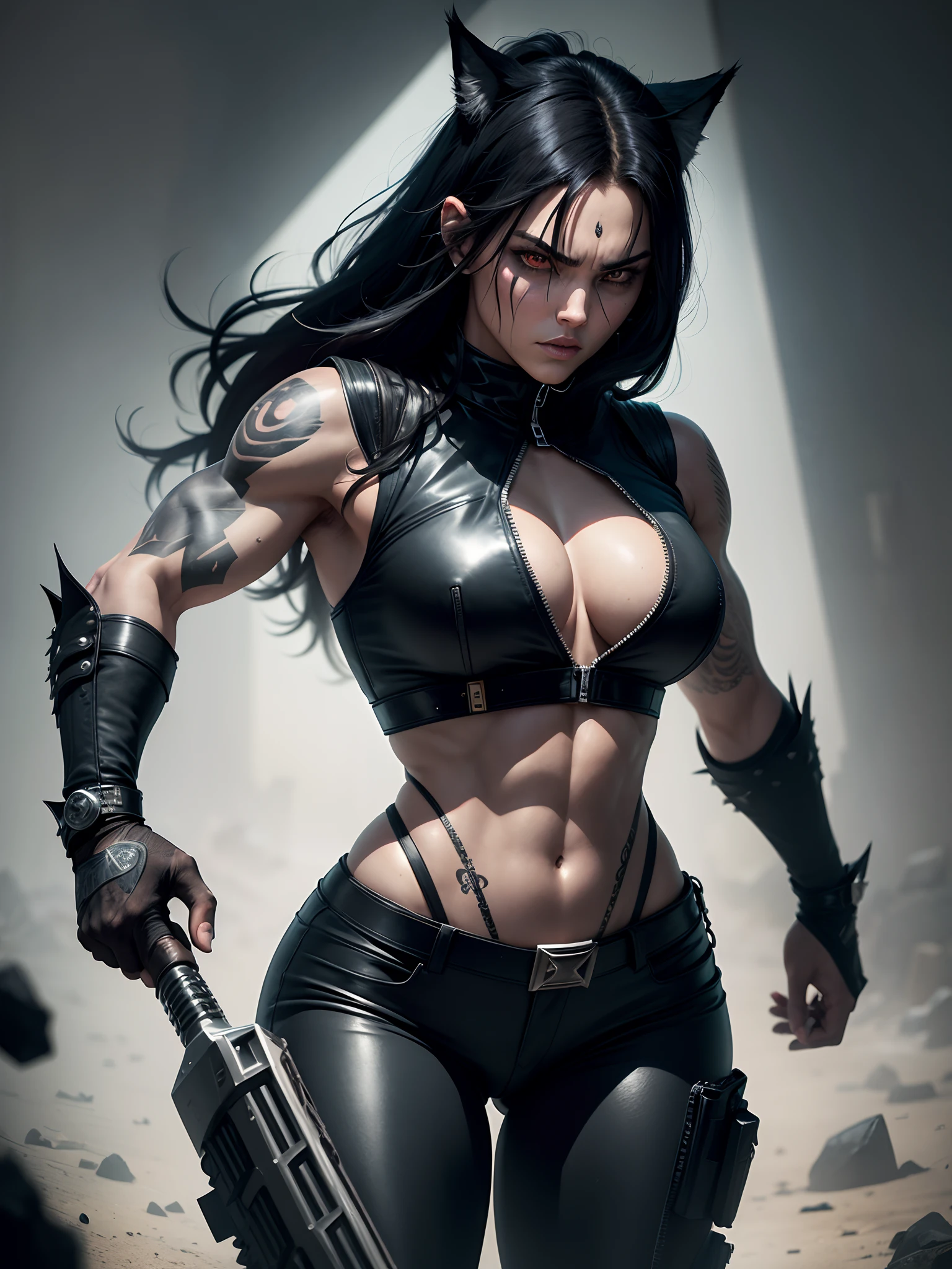 a 25-year-old woman in the style of DC Comics' The Wolf is an intergalactic antihero known for his brutality and sarcastic attitude. He is portrayed as an alien humanoid with fair skin, long black hair, and a muscular physique. Her intense red eyes add a menacing touch to her appearance. Often dressed in an open black leather vest, tight pants, and heavy boots, he sports a punk-rock appearance. His tattoos and scars across his body emphasize his hardened nature, while his preferred dagger and firearms highlight his fierce and relentless combat style.