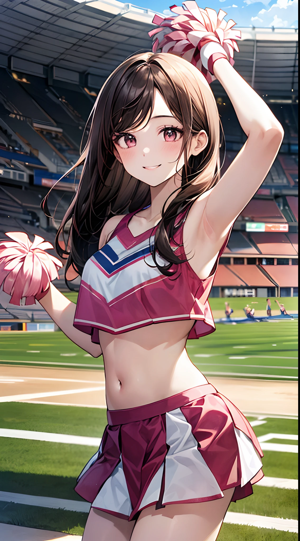 On the sideline of a baseball field、Please draw an illustration of a woman in a cheerleading costume performing a cheerleading performance.。The woman is smiling、They are cheering on the athletes with energetic poses.。