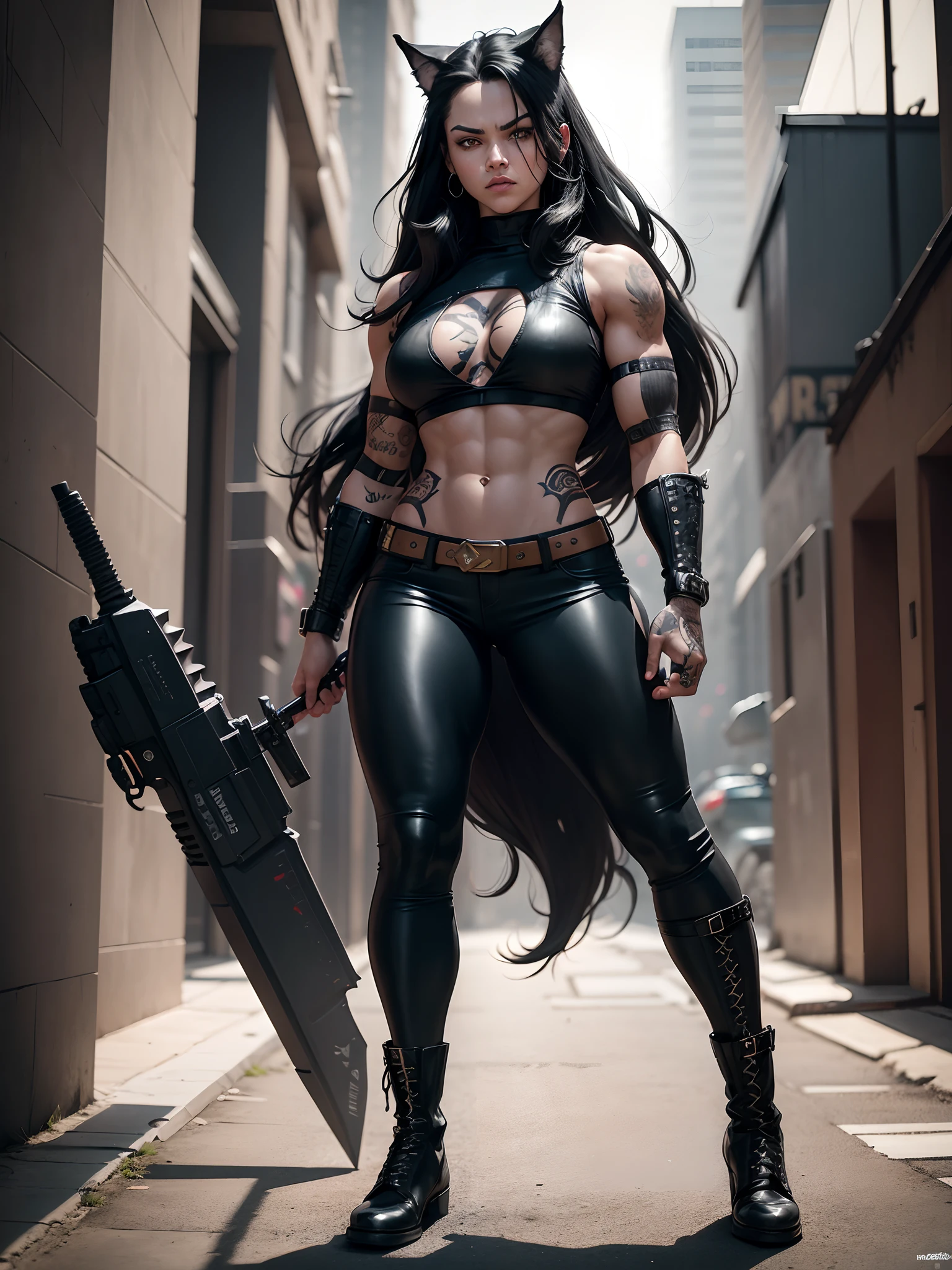 a 25-year-old woman in the style of DC Comics' The Wolf is an intergalactic antihero known for her brutality and sarcastic attitude. He is portrayed as an alien humanoid with light skin, long black hair, and a muscular physique. Her intense red eyes add a menacing touch to her appearance. Often dressed in an open black leather vest, tight pants, and heavy boots, he sports a punk-rock appearance. His tattoos and scars across his body emphasize his hardened nature, while his preferred dagger and firearms highlight his fierce and relentless combat style.