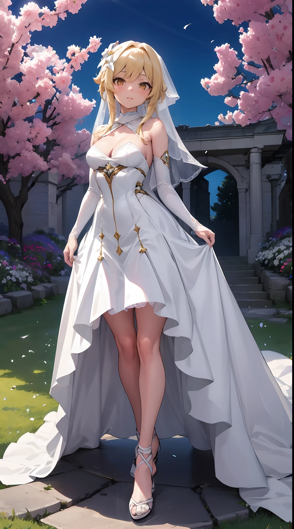 Lumine | genshin impact, master-piece, bestquality, 1girls,25 years old, proportional body, proportional., Wedding Dresses, White Wedding Dress, Long skirt, wedding, mediuml breasts, ,bara, choker, Standing in the middle of a flower garden, outdoor, wedding, The sky is beautiful, arm behind back, View viewers from the front., Thigh strap, Head tilt, bored, 10, 10, HD, slight smile,