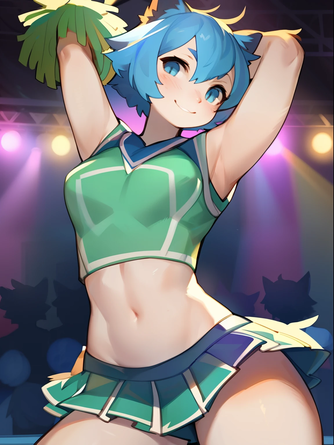 Solo, female, standing, catgirl, ((( green cheerleader uniform))), small breasts, perky breasts, (30 years), blue hair, short hair, blue eyes, cyberpunk, crowded dance club, on stage dancing, lipgloss, smile, facing viewer,(extremely detailed:1.3),detailed hands, (extremely detailed eyes), by bebebebebe, by spuydjeks, by spikedmauler