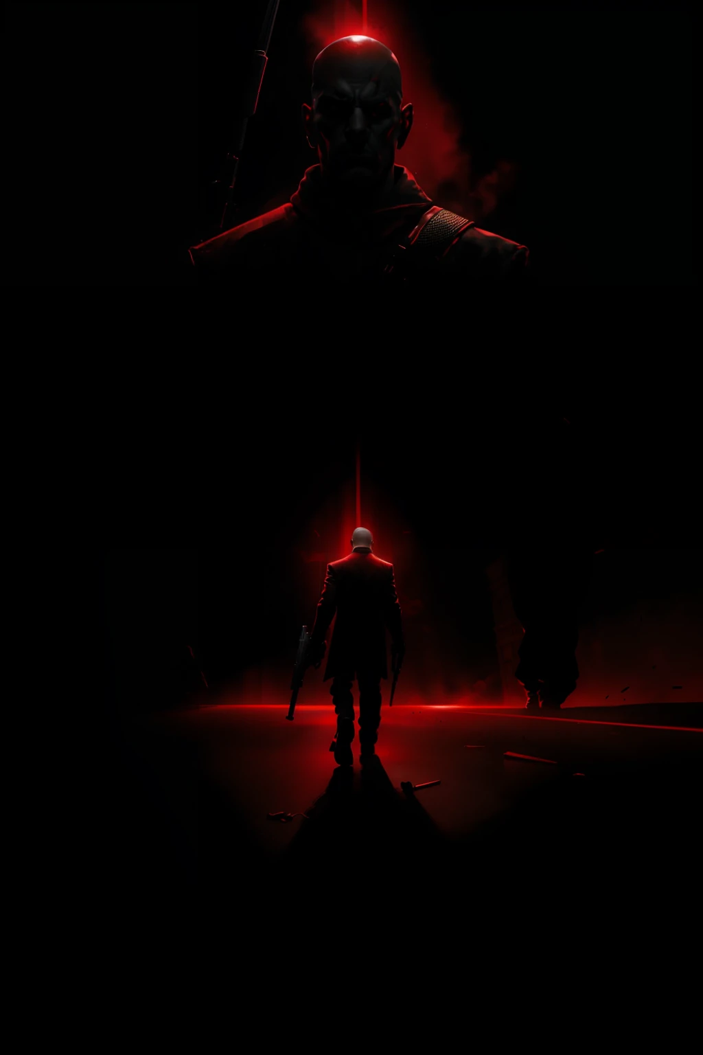 The Arafed man held a gun in a dark room, red and cinematic lighting, hitman, cinematic Red lighting, rendered in sfm, With cinematic lighting, black octane render, cinematic back lit lighting, high contrast cinematic lighting, sfm render, cinematic backlighting, promo art, dramatic lighting render, key art, high detail iconic character, hyperealistic octane render
