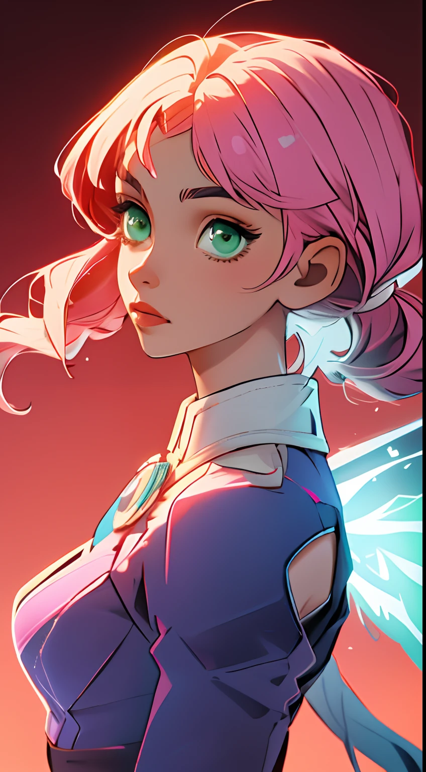 Alisa Rosto bonito, olhando para o espectador, Symmetrical perfect green eyes, cabelo curto rosa multicor, mechanical wings, fundo desfocado, parte superior do corpo, contemporary, vestir, Tekken