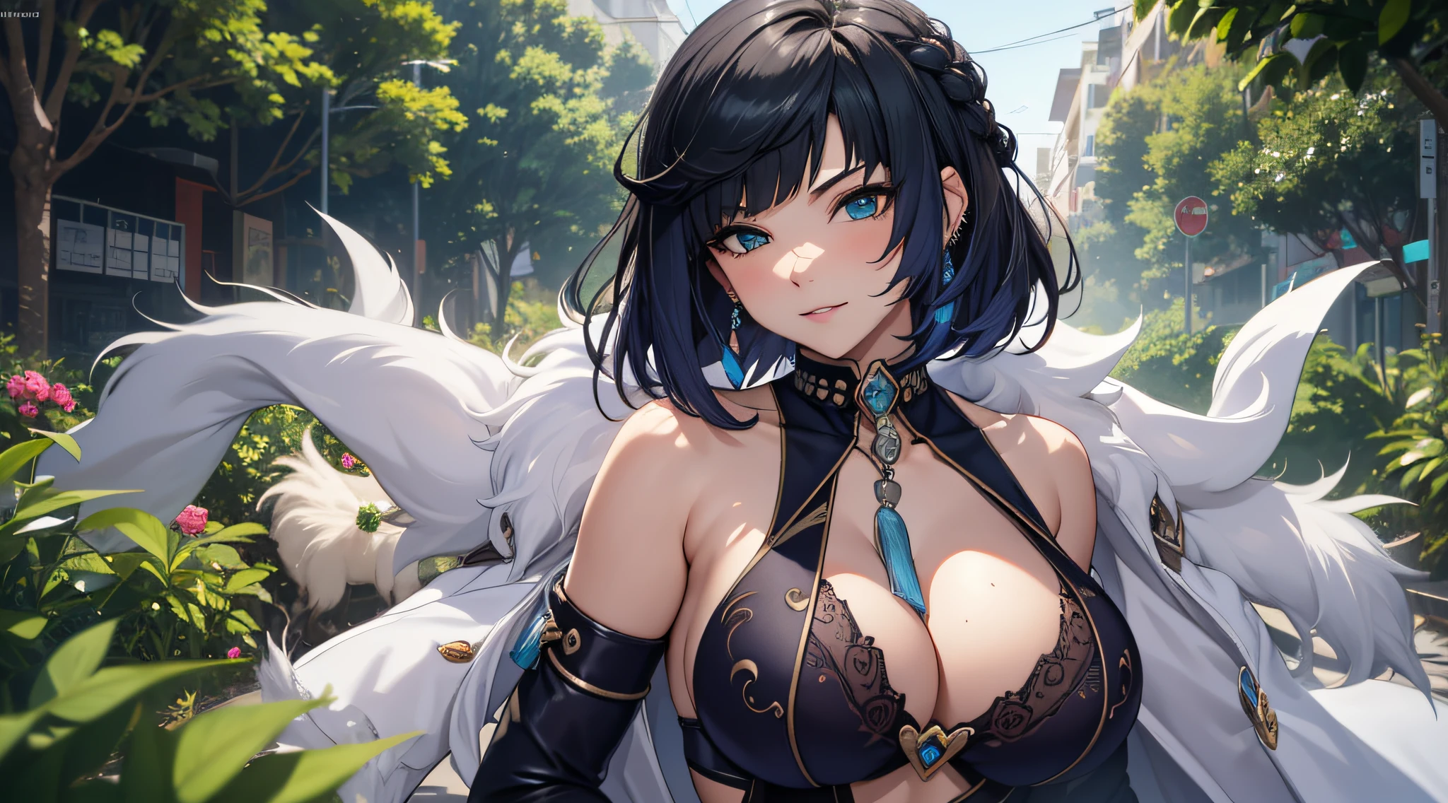 ((best quality)), ((master part)), Yelandef, top cropped de lantejoulas sem mangas, clivagem, jewelries, sexy, Beautiful, dia ensolarado, caminhando por uma rua movimentada da cidade, sorrir,