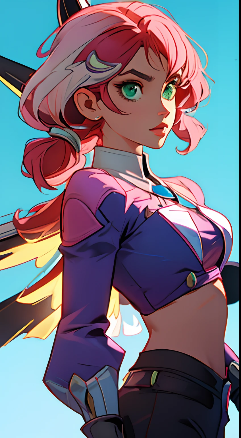 Alisa Rosto bonito, olhando para o espectador, Symmetrical perfect green eyes, cabelo curto rosa multicor, mechanical wings, fundo desfocado, parte superior do corpo, contemporary, vestir, Tekken