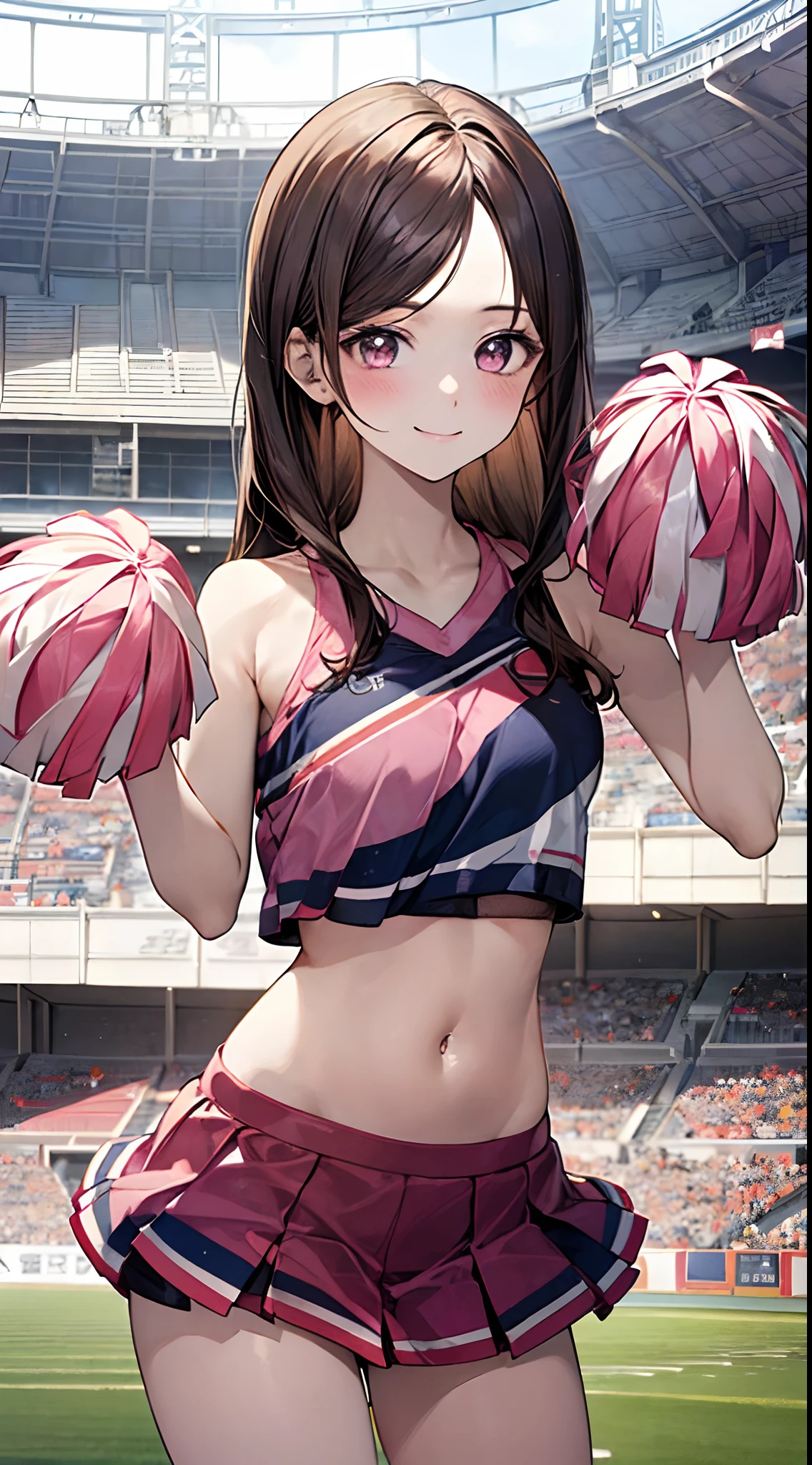 1 girl, Japanese, , White skin, Medium chest, Watching the view, (Smile:1.5),
Beautiful detailed eyes, (Middle hair:1.4, Parted bangs, Straight hair:1.7), (Navel:1.1), Brown hair,
(Current cheerleading style in pink:1.5), Sport top exposed in the center, Arms up, Have an orange pom-pom, Jumping,
(Beautiful scenery), during daytime, (Stadium:1.5),
(8K, top-quality, masterpiece), Beautiful illustration, Cowboy Shot,