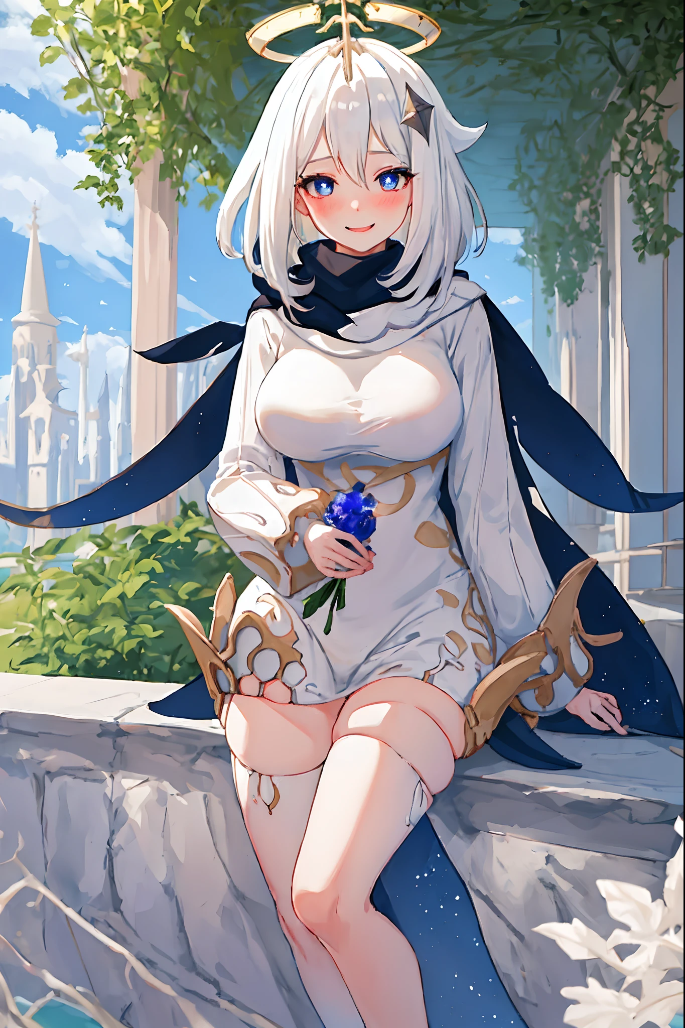 best quality, masterpiece, highres, solo, {paimon_genshin:1.15}, white_hair, halo, hair_ornament, blue_eyes, hair_between_eyes, short_hair, bangs, open_mouth, blush, smile, cape, 1girl, dress, long_sleeves, looking_at_viewer, scarf, white_dress, full body, tallgirl, huge breast, curvy, bimbo, full body standing,