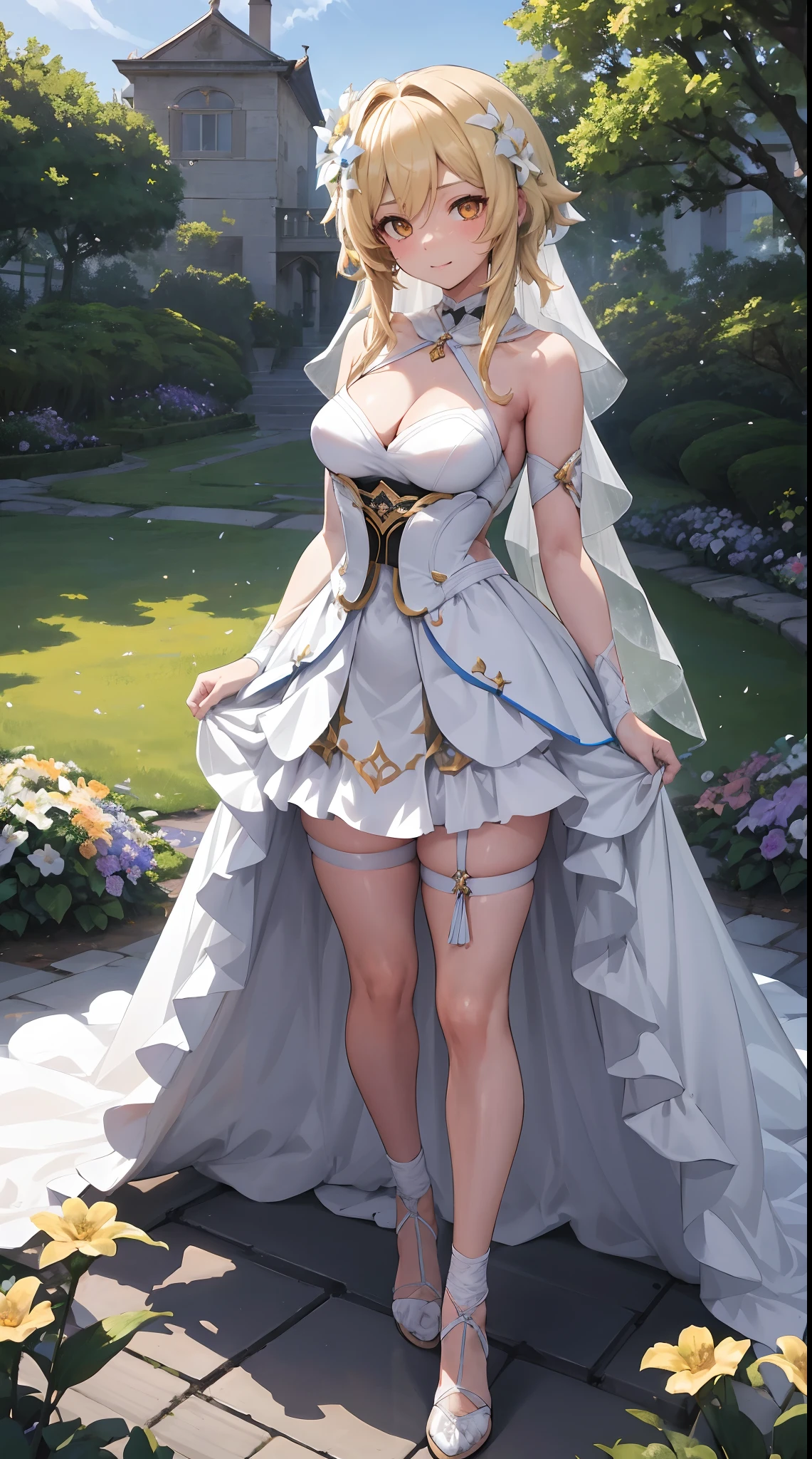 Lumine | genshin impact, master-piece, bestquality, 1girls,25 years old, proportional body, proportional., Wedding Dresses, White Wedding Dress, Long skirt, wedding, mediuml breasts, ,bara, choker, Standing in the middle of a flower garden, outdoor, wedding, The sky is beautiful, arm behind back, View viewers from the front., Thigh strap, Head tilt, bored, 10, 10, HD, slight smile,