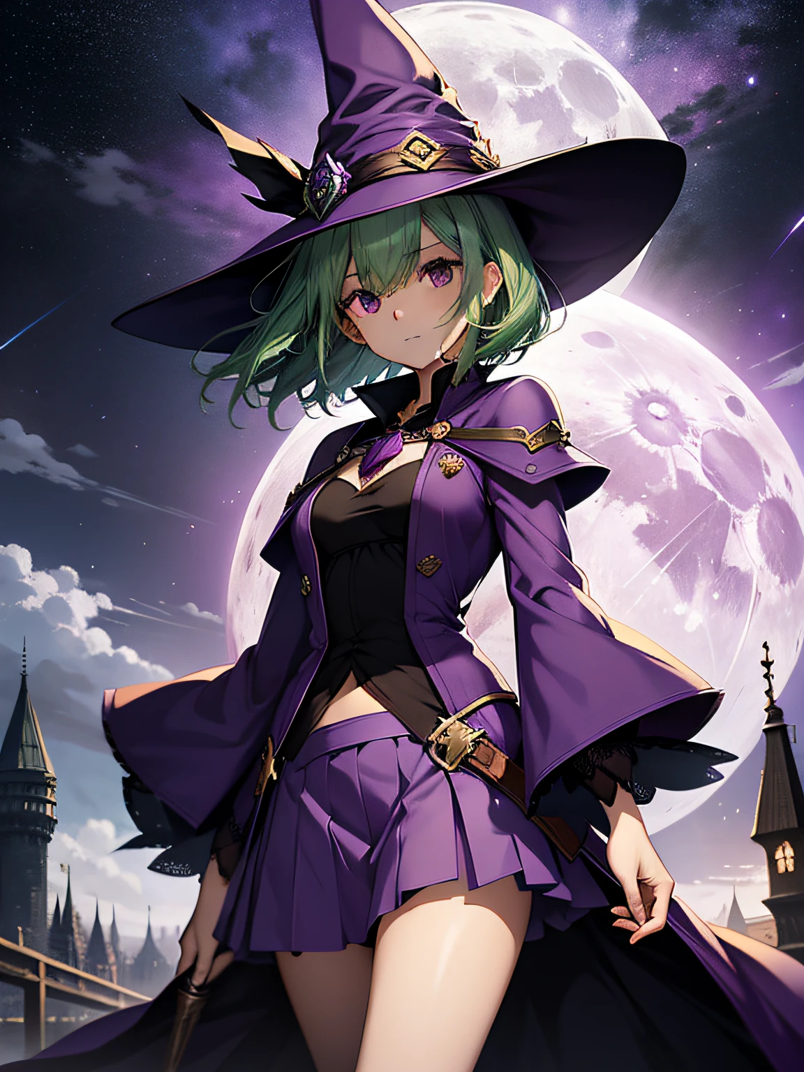 top-quality、extremely delicate and beautiful、(A  girl)、Purple Eye、Green hair、short-haired、(purple witch hat)、Purple tie、Soio、shortsleeves、Purple skirt、Purple Wizard Robe、Navel、is standing、Full moon night on background、Guts Wind of Berserk