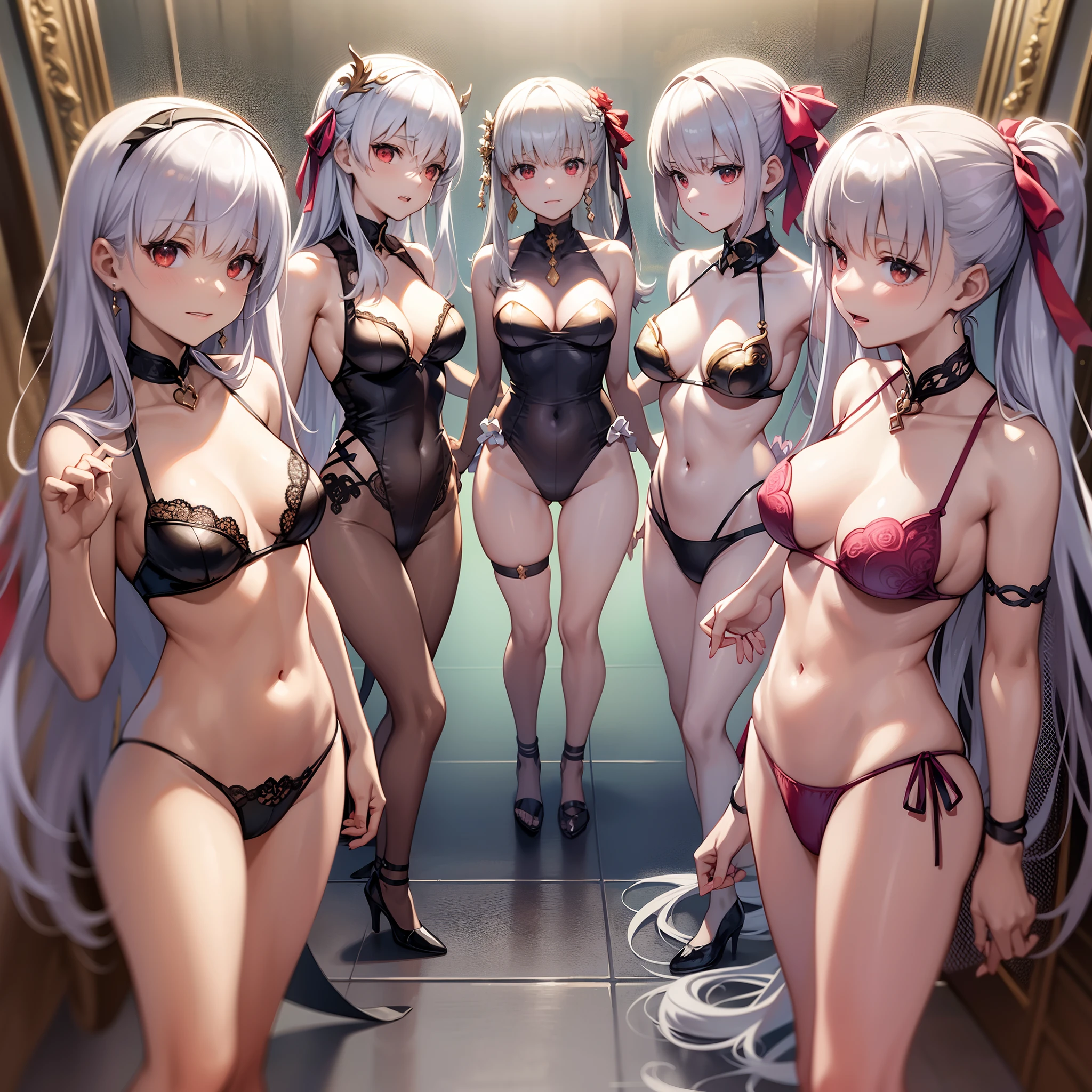 ((masterpiece)),((hightquality)),(((hight resolution))),(((absurderes)),(((1000 girls))),((((Sister Clone)))),(((crowd shot))),(((full body Esbian))),(((((Standing))))),((((anime screen cap)))),((((Red ribbon and silver hair color,)))),((((((Illustration of silver-haired clone sister harem wearing red ribbon)))))),(((Fate))((FGO)),((Kama)),,((((Sheer Babydoll Underwear)))),(((((Lots of sister clone harems in the background))))),(((Colonnade on the second floor and sister clone harem))),((((Floating Sister Clone Harem)))),