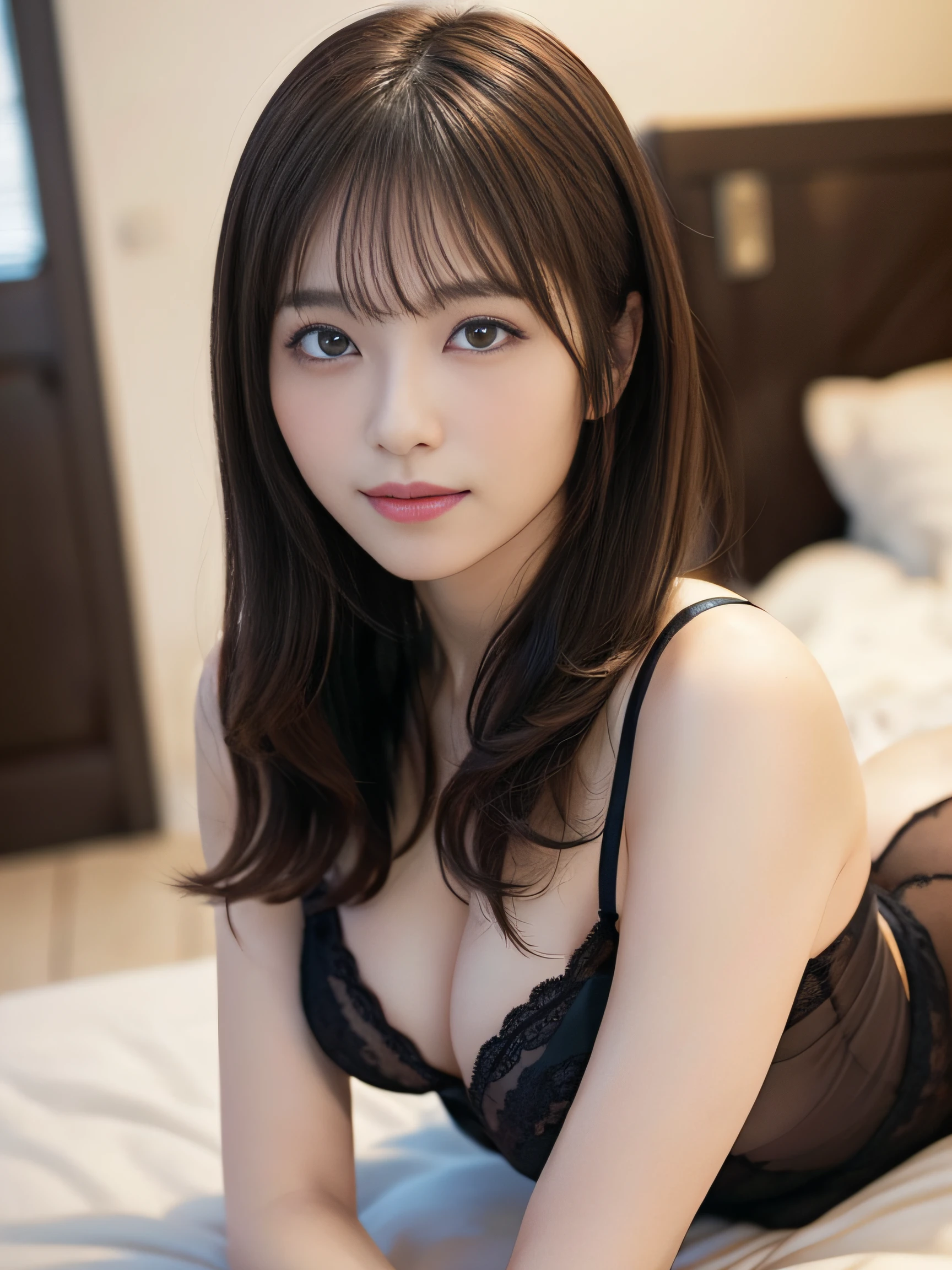 in 8K,Best Quality:1.4, 超A high resolution:1.5, (Photorealistic:1.4),masterpiece:1.2,(top-quality:1.4)、 Raw photo、 (the background is blurred) 、FULL BODYSHOT、Bedrooms、 1日本人の女の子, Cute, (Solo:1.4), (Shy smile), Smooth skin、Neat underwear、 (Brown medium hair,Bangs), (touch hair:1.4),nogizaka,undergarment,Supple fingertips,Beautiful black eyes、dual、natural skin textures:1.3, realistic eyes and face details:1.7、middlebreasts、Gravure Pose:1.1、Toned buttocks:1.5、gazing at viewer、Provoking poses、thighs thighs thighs thighs、Lie down on the bed
