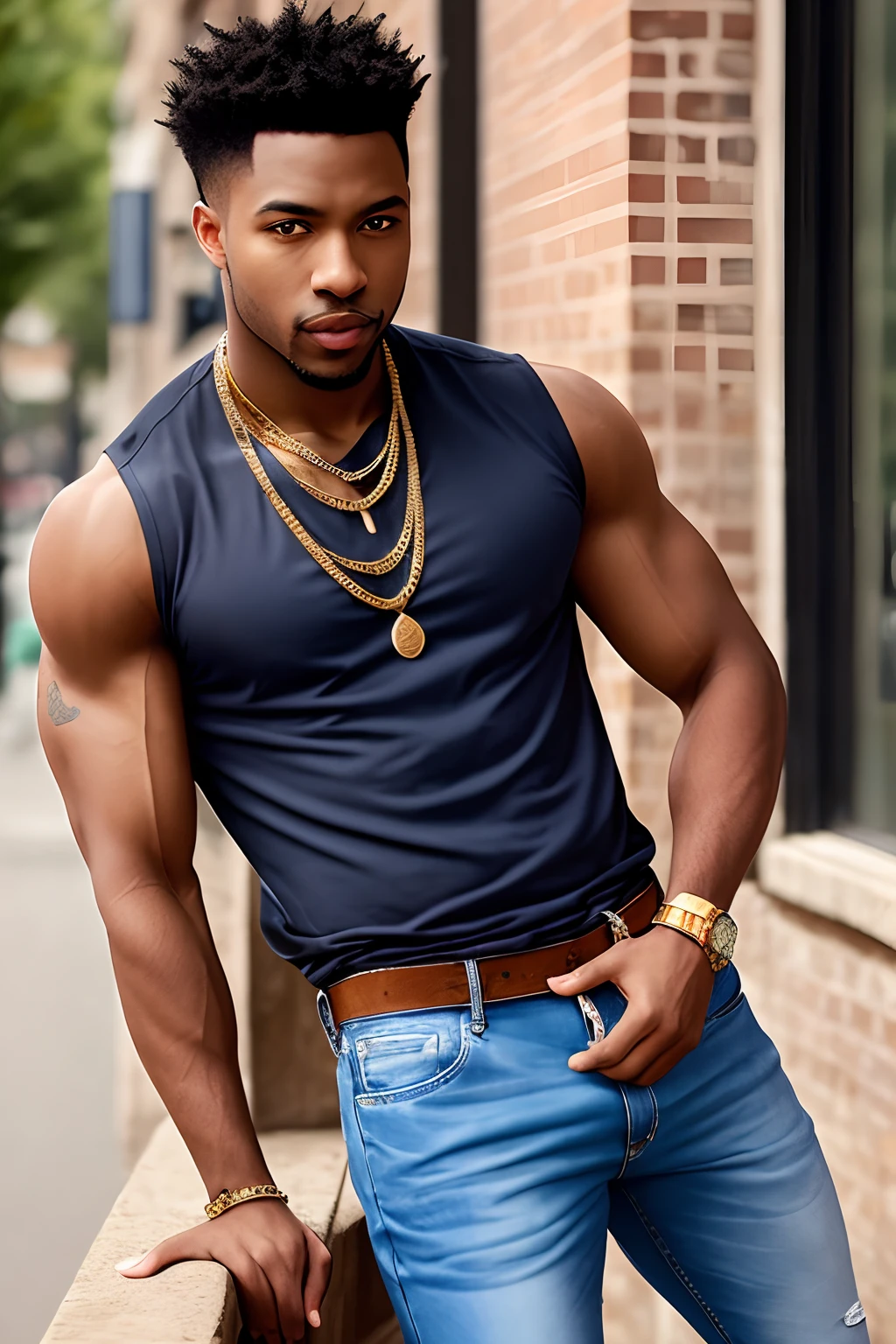 A stunningly attractive, ebony-hued man, displaying his sinewy muscles, sporting denim jeans and shimmering gold necklaces with a hip-hop flair