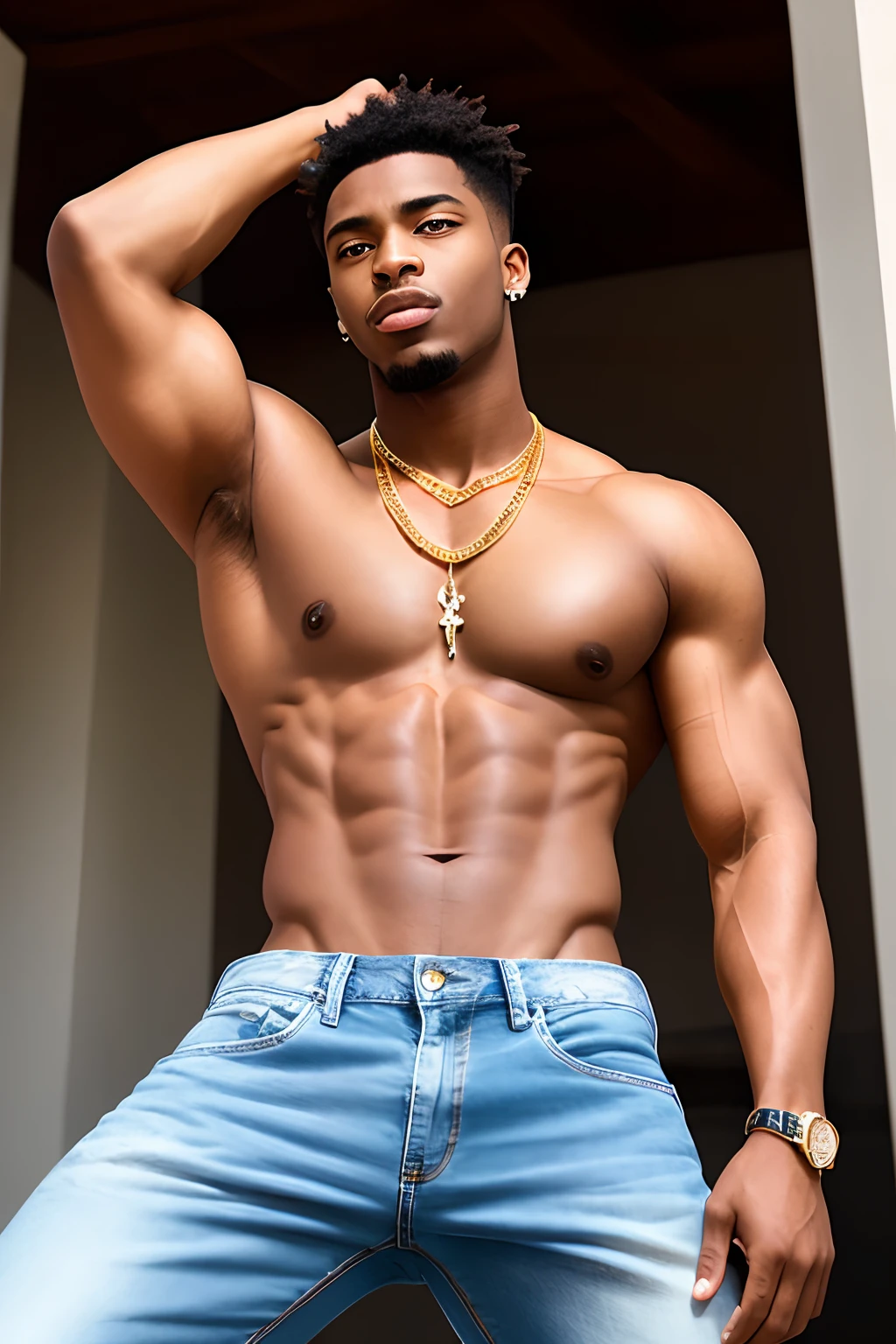 A stunningly attractive, ebony-hued man, displaying his sinewy muscles, sporting denim jeans and shimmering gold necklaces with a hip-hop flair