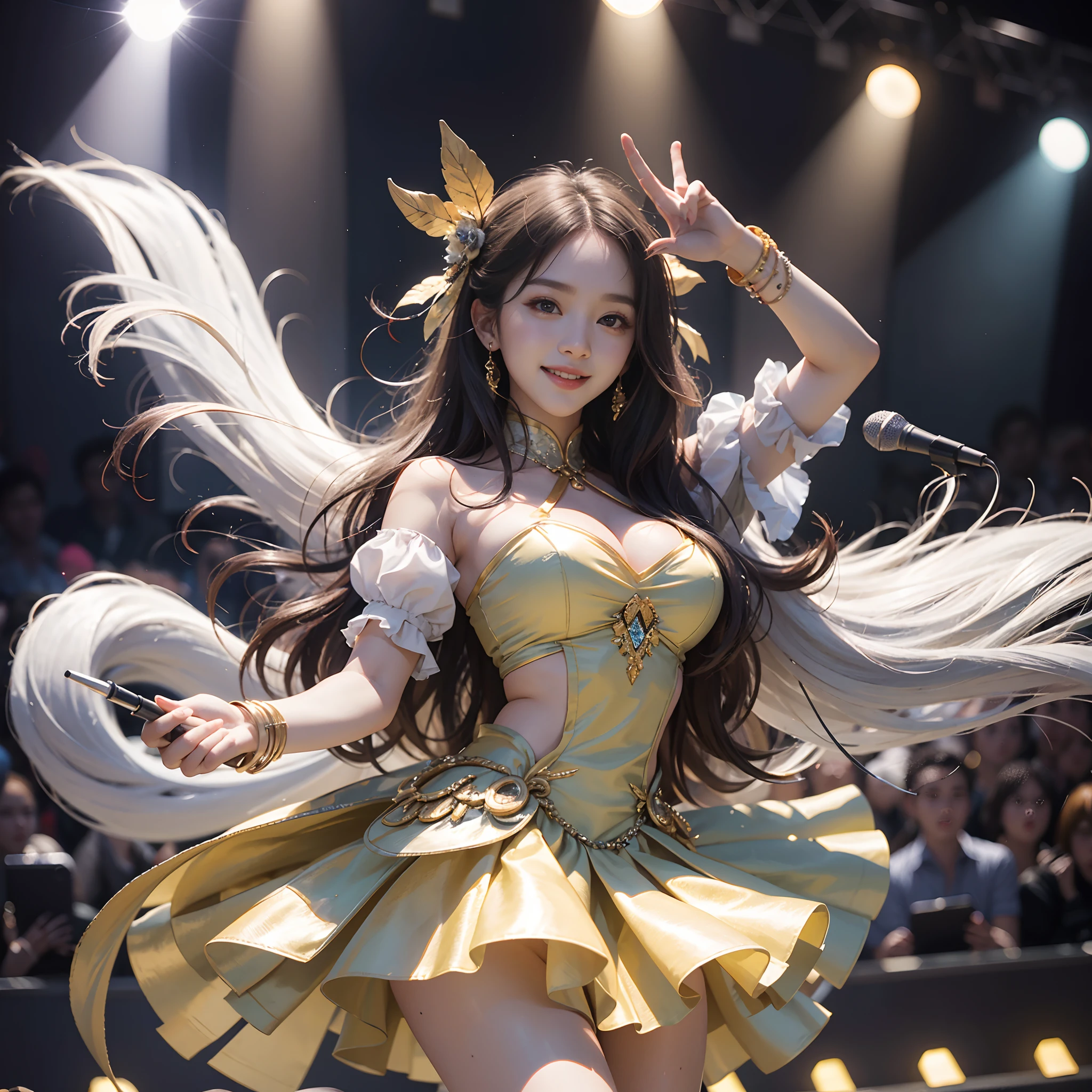 8k, highest quality, high resolution, realistic, real person, live stage with a large audience, one girl, young and cute korean idol, ((KARA)), big, long and beautiful legs, dancing violently in various poses while smiling on stage, holding microphone in hand, revealing gorgeous costume, beautiful light up