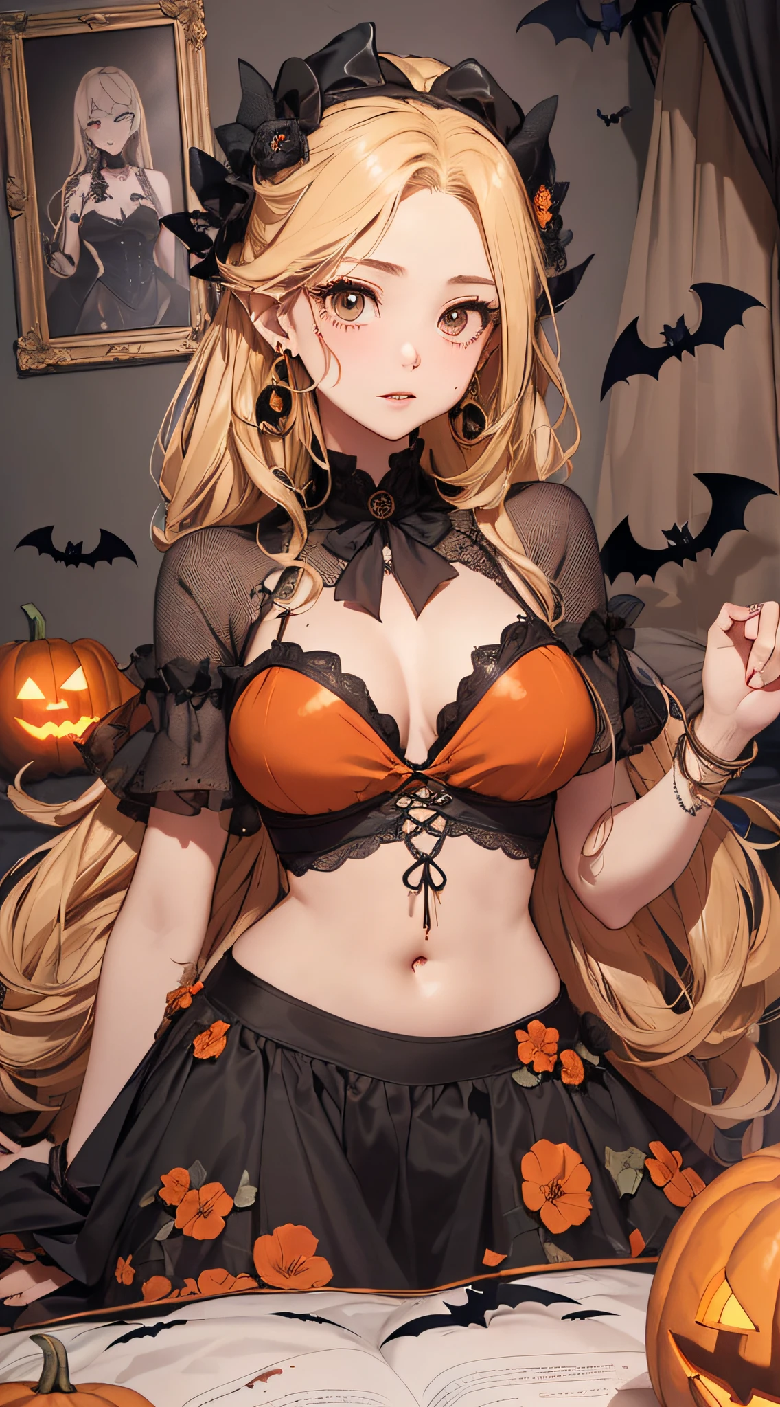 top-quality、Top image quality、masterpiece、s girl((18year old,Black and orange sexy clothes,Orange and black skirt、Orange muffler,Best Bust、Bust 85、Blonde long hair,Black eyes、open chest wide、Valley、Happiness、A slender、Blood coating、Emphasis on the chest、Bats tattoo、Gold Earrings、Lying in a bed、Ashamed、Drunk、Close eyelids、dishevled hair))hiquality、Beautiful Art、Background with((natta、the bats、pumpkins,Halloween、Halloween Room、a bed))masutepiece、Elaborate design、visualart、high contract、The best lighting、highestdetailed、