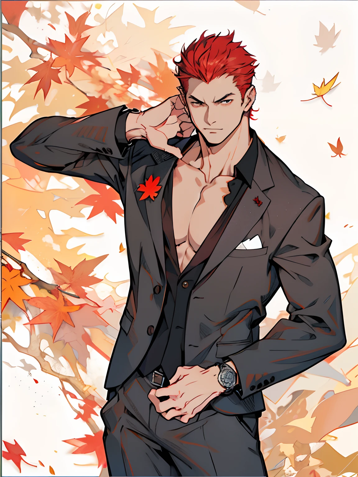 of a guy，red tinted hair，Board inch hairstyle，Slender limbs，Robust，Sharp eyes，grey suit，Underneath the suit is a black shirt，The shirt is tucked into suit pants，Maple brooch，quadratic element，Sakuragi Hanamichi，Small maple leaf falling in the background，High degree of completion，The lines are drawn cleanly