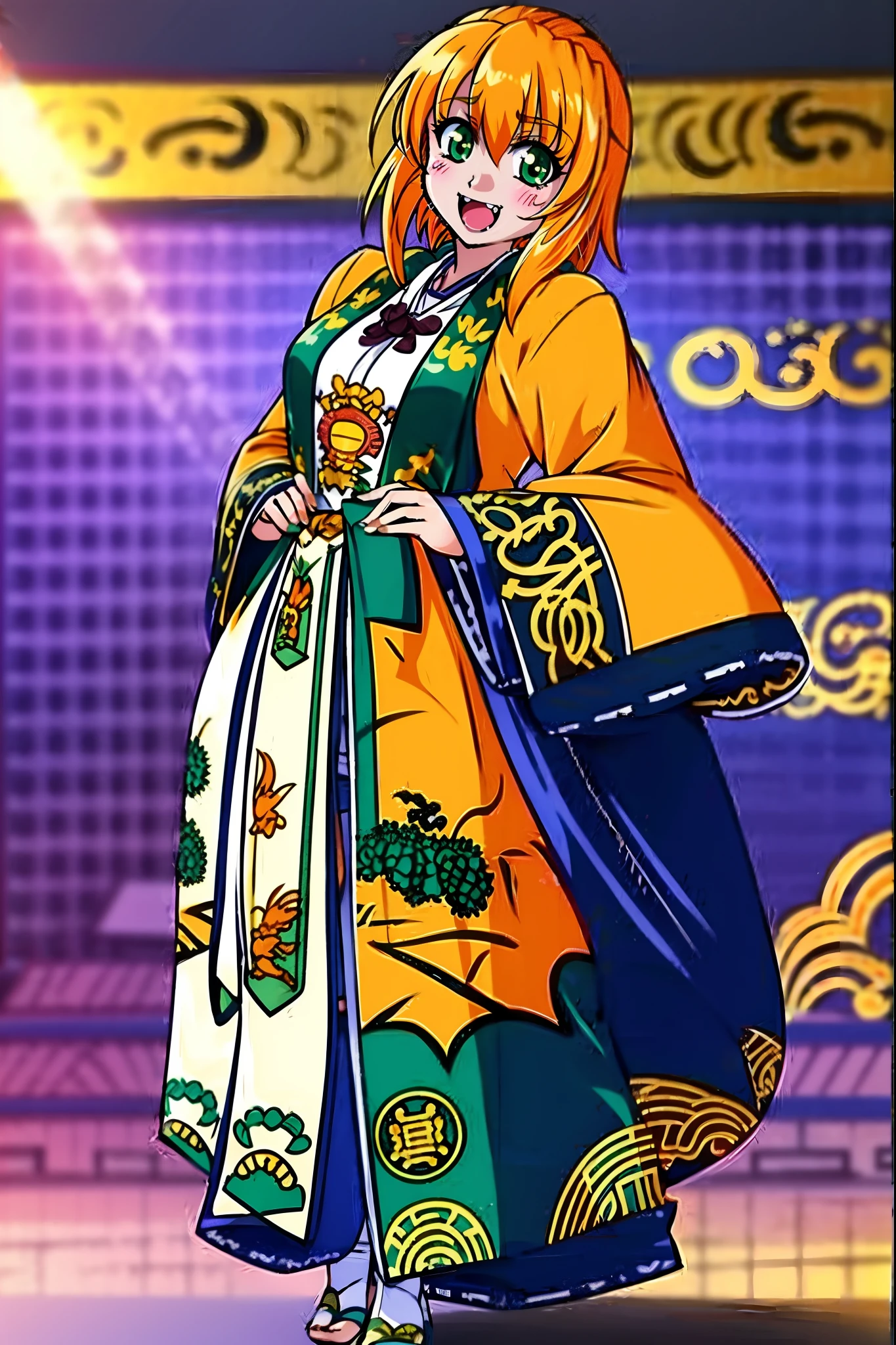 excel, orange hair, smile, fang, open mouth, green eyes,standing, medium breast, pants, pullover, , full body, flipflops,Daoist_Robe