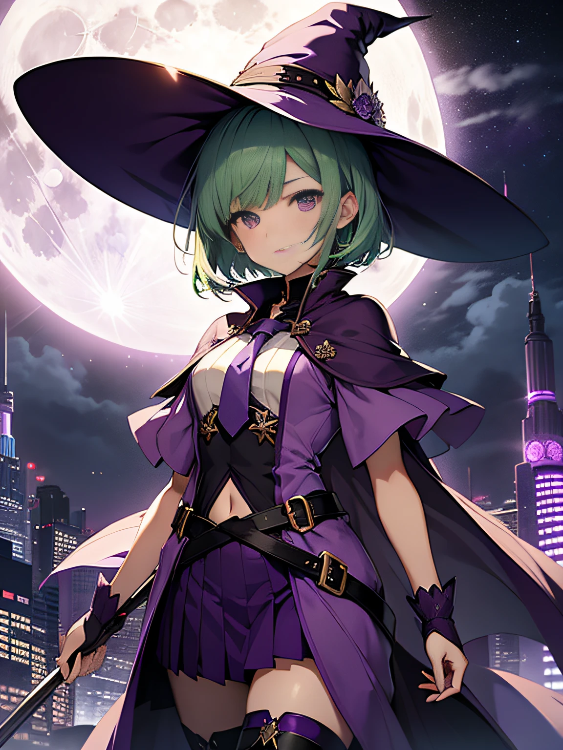 top-quality、extremely delicate and beautiful、(A teenage girl)、Purple Eye、Green hair、short-haired、(purple witch hat)、Purple tie、Soio、shortsleeves、Purple skirt、Purple Wizard Robe、Navel、is standing、Full moon night on background