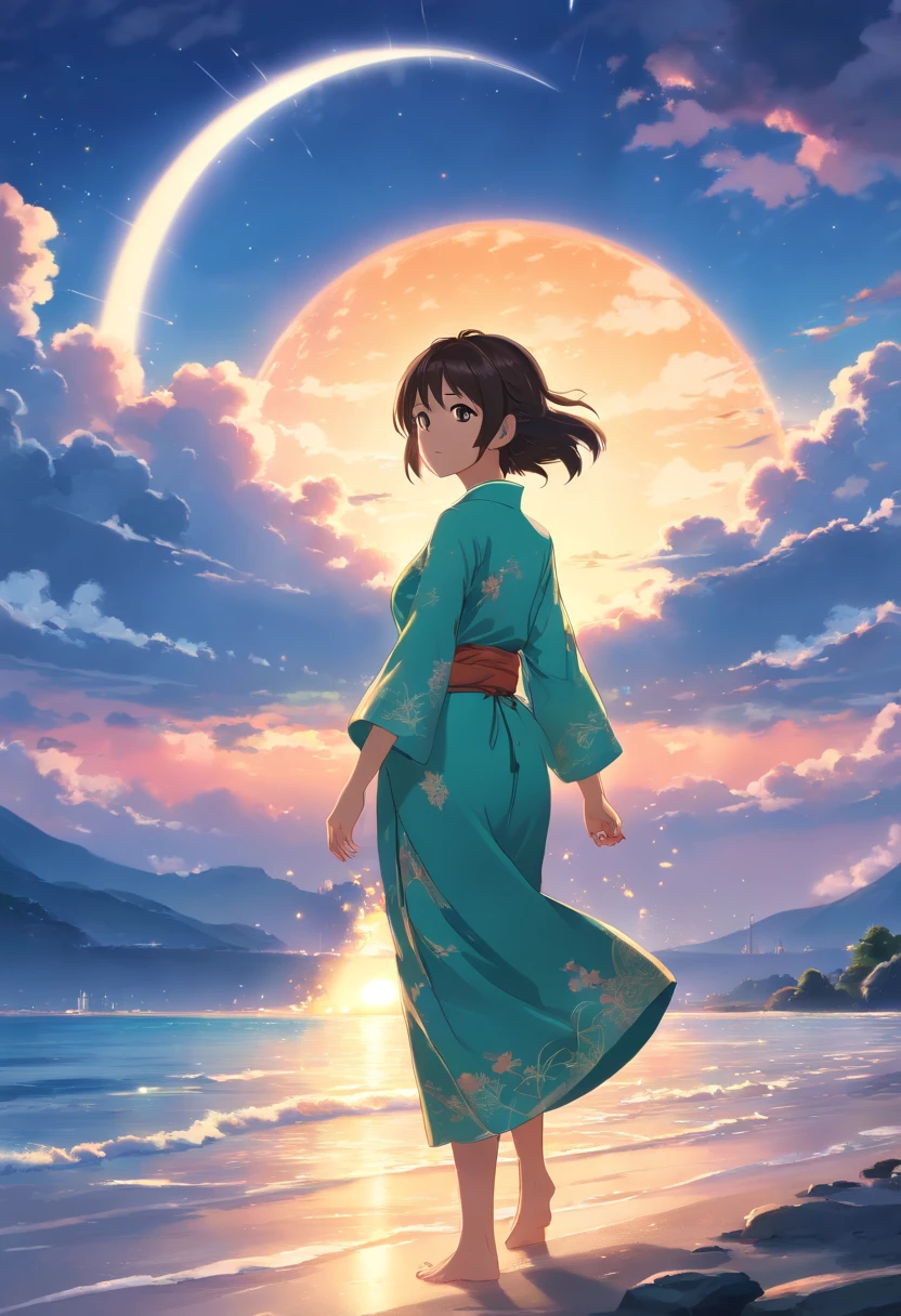 (best quality,4k,8k,highres,masterpiece:1.2),movie still,1girl,((wear indonesian traditional cloth, kebaya)), cloud girl,floating in the sky,close-up,bright,happy,warm soft lighting,sunset,[sparks:0.9],shooting star,night,cosmic,beautiful landscape,portrait style,colorful tones,ethereal glow