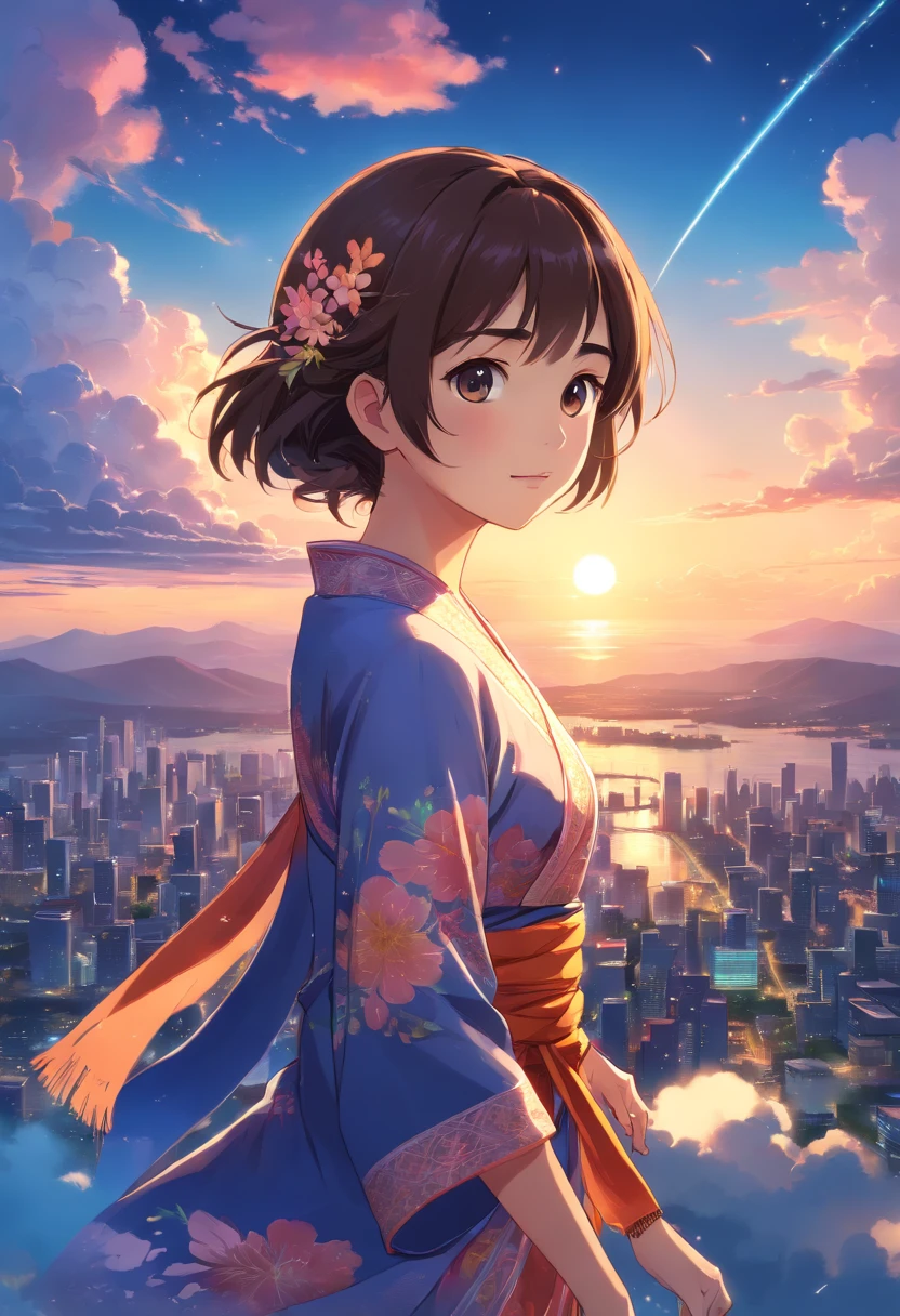 (best quality,4k,8k,highres,masterpiece:1.2),movie still,1girl,((wear indonesian traditional cloth, kebaya)), cloud girl,floating in the sky,close-up,bright,happy,warm soft lighting,sunset,[sparks:0.9],shooting star,night,cosmic,beautiful landscape,portrait style,colorful tones,ethereal glow