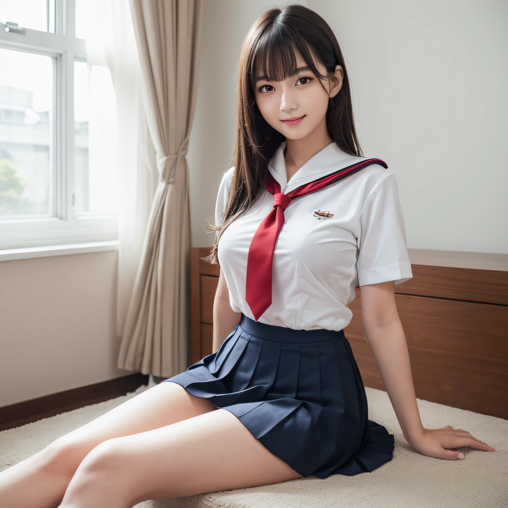 ((Li Yitong)), 8K, top quality, masterpiece, weighted 1.2x), 1 cute, independent, beautiful girl, super detailed, sitting (red nose), big, sweet smile (smile 1.15), deep color contact lenses, (1.1x weighted collar shirt), school uniform, M-shaped open legs, dark blue skirt, white panties, crotch bite, long flowing hair, half naked, Barefoot, bursting breasts, accentuated crotch, sailor suit, school uniform, dark blue skirt, sensual, bright pretty hair, brown hair, blonde