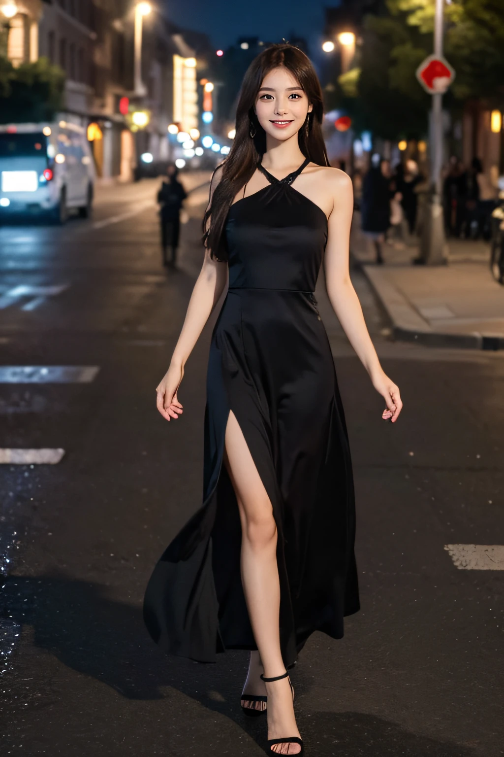 ((best quality, 8k, masterpiece :1.3)), 1 girl, smiling, whole body, face slimming, pretty Woman, (Dark brown hair), full length dress :1.1, Super detailed faces, delicate eyes, double eyelids, blurred background, face slimming, City, external, street,