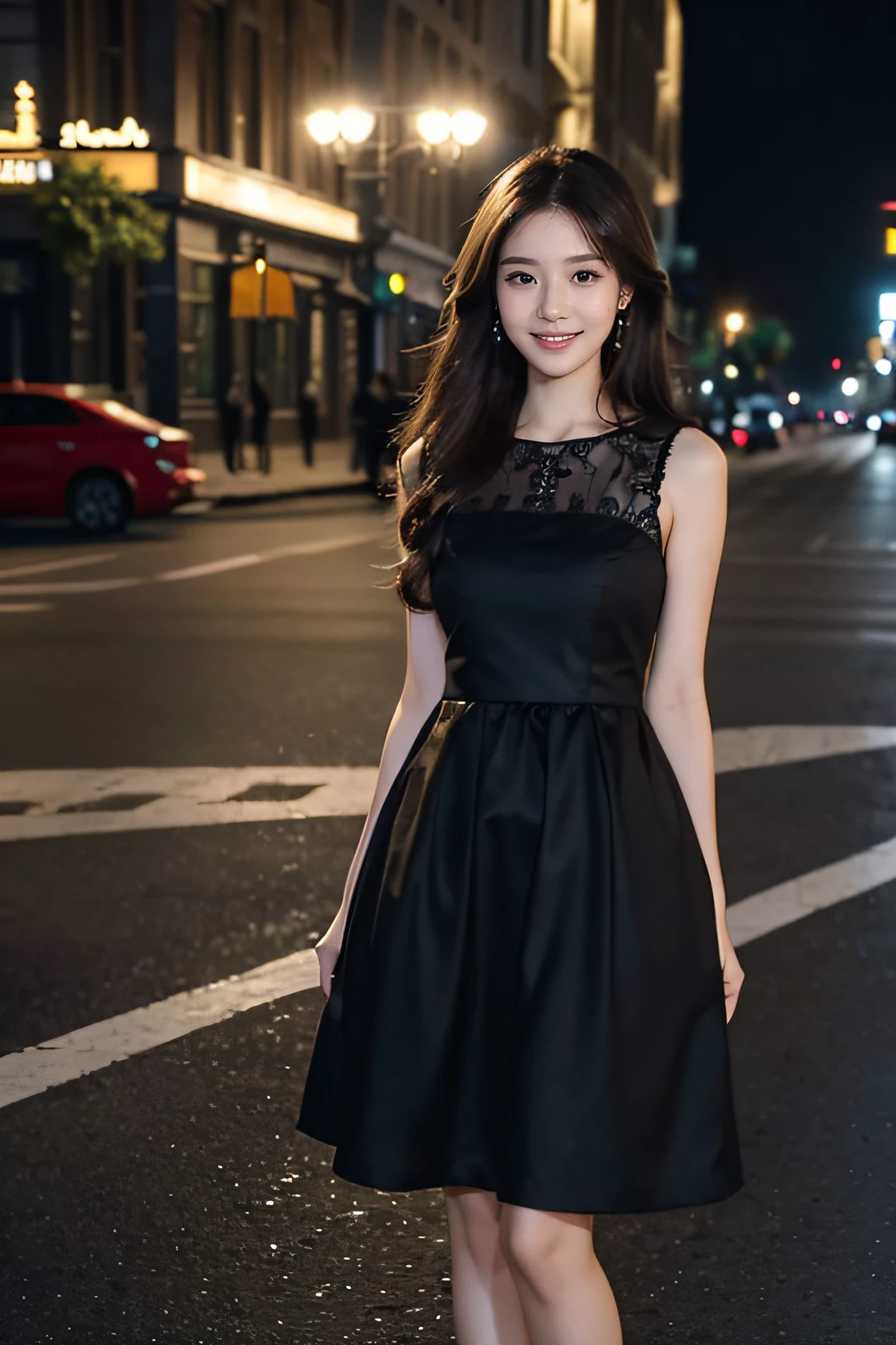 A woman in a black dress standing on a city street - SeaArt AI