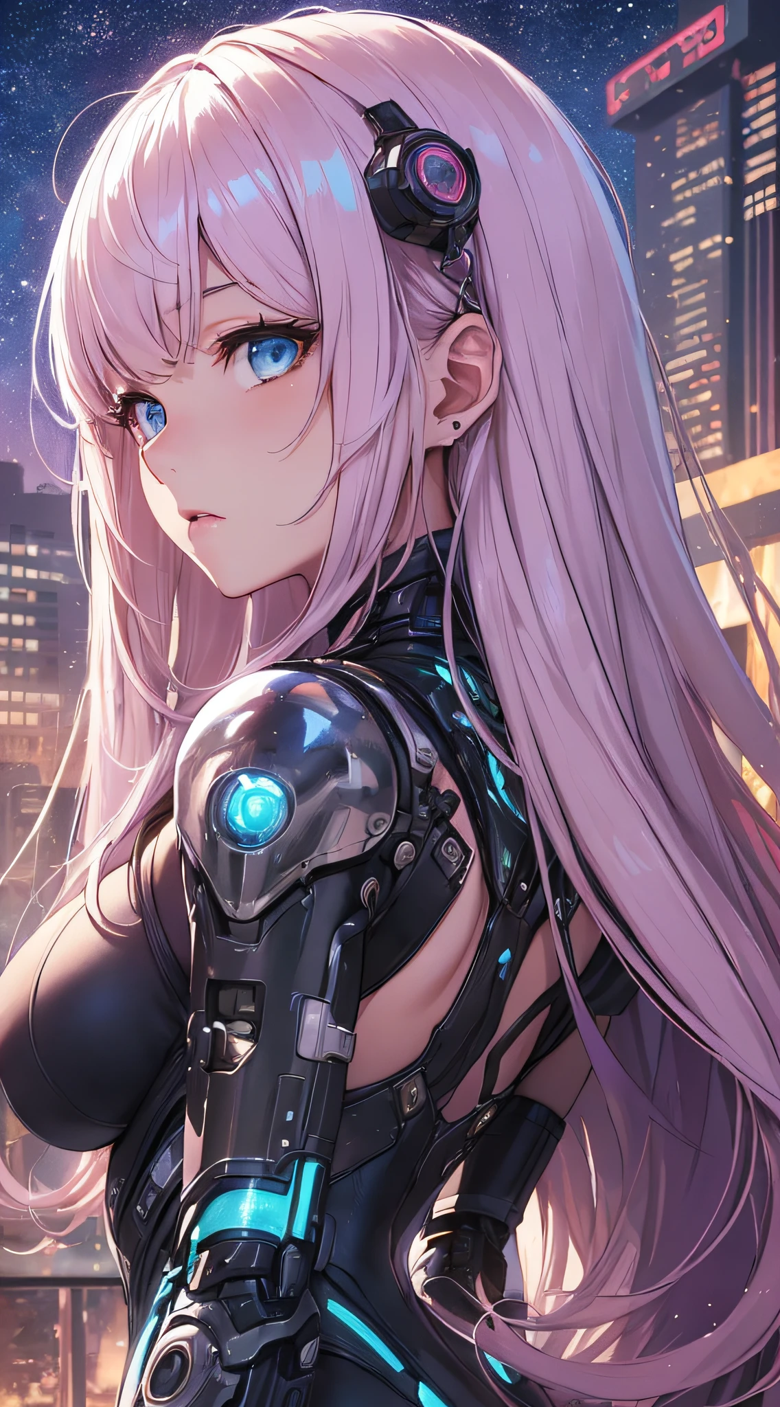 top-quality、Top image quality、masterpiece、girl with((18year old、cyborgs、System Dynamics、Metallic body、Best Bust、Medium bust、Long pink hair、Light blue eyes、Beautiful back、deadpan、Breasts wide open、Showing the back view))hiquality、Beautiful Art、Background with(A desert、Collapsed buildings、natta、nigh sky、stele々)),masutepiece、Elaborate design、visualart、depth of fields、The best lighting、highestdetailed、low angles