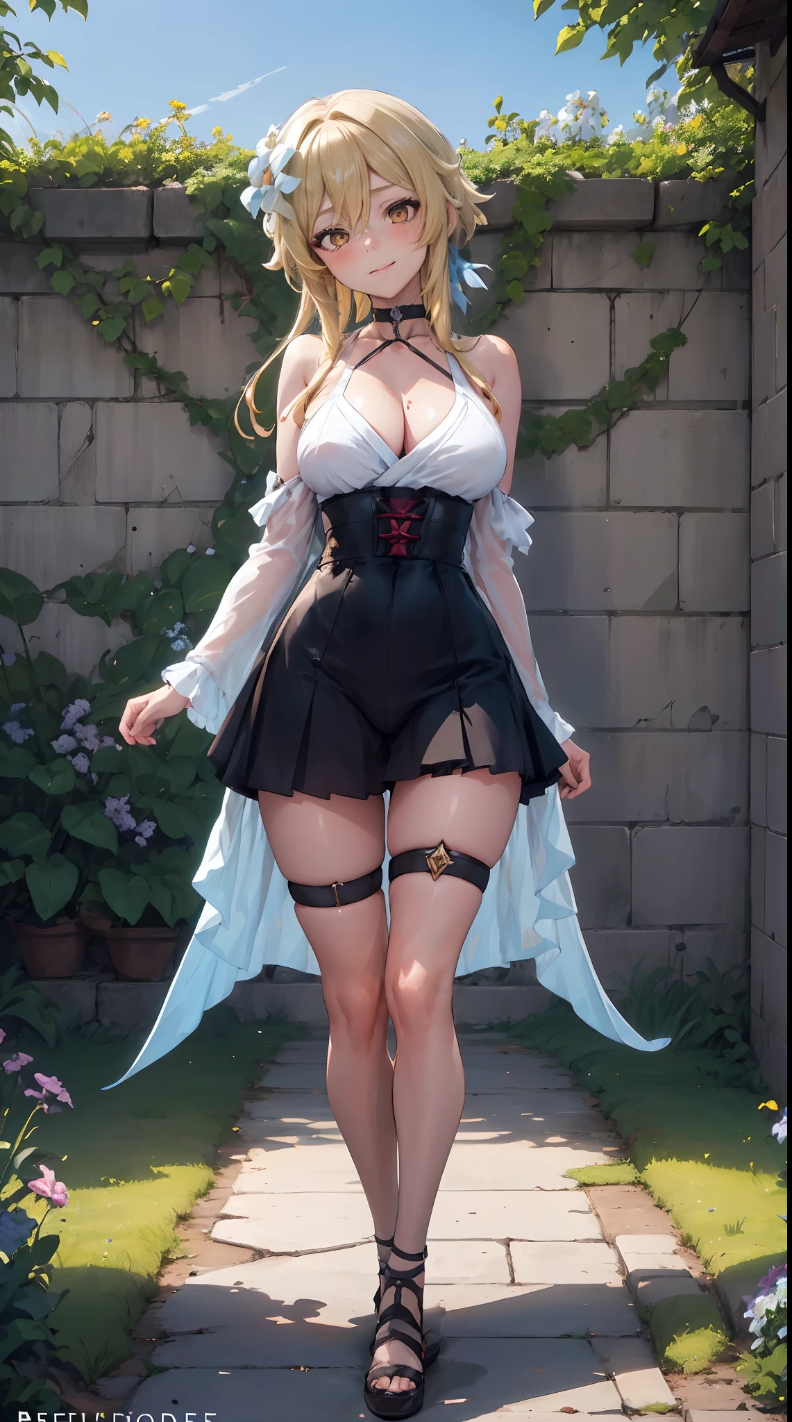 Lumine | genshin impact, master-piece, bestquality, 1girls,25 years old, proportional body, proportional., long-haired, Wear Hanbok, mediuml breasts, ,bara, choker, Standing in the middle of a flower garden, outdoor, The sky is beautiful, arm behind back, against wall, View viewers from the front., Thigh strap, Head tilt, bored, 10, 10, HD, slight smile,