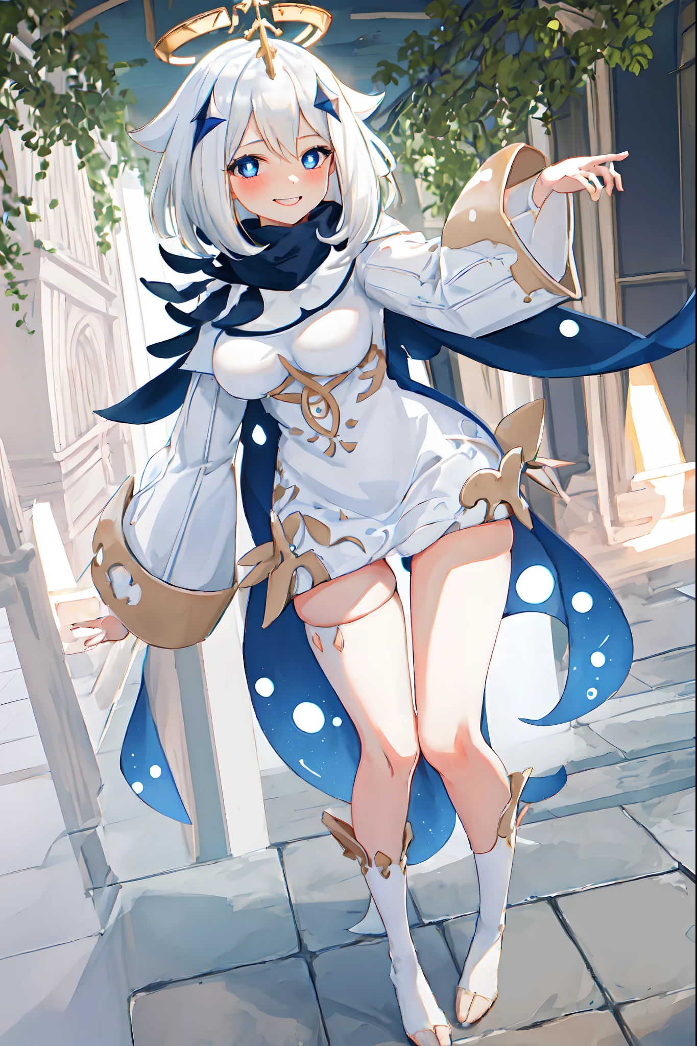 best quality, masterpiece, highres, solo, {paimon_genshin:1.15}, white_hair, halo, hair_ornament, blue_eyes, hair_between_eyes, short_hair, bangs, open_mouth, blush, smile, cape, 1girl, dress, long_sleeves, looking_at_viewer, scarf, white_dress, full body, tallgirl, huge breast, curvy, bimbo, full body standing,