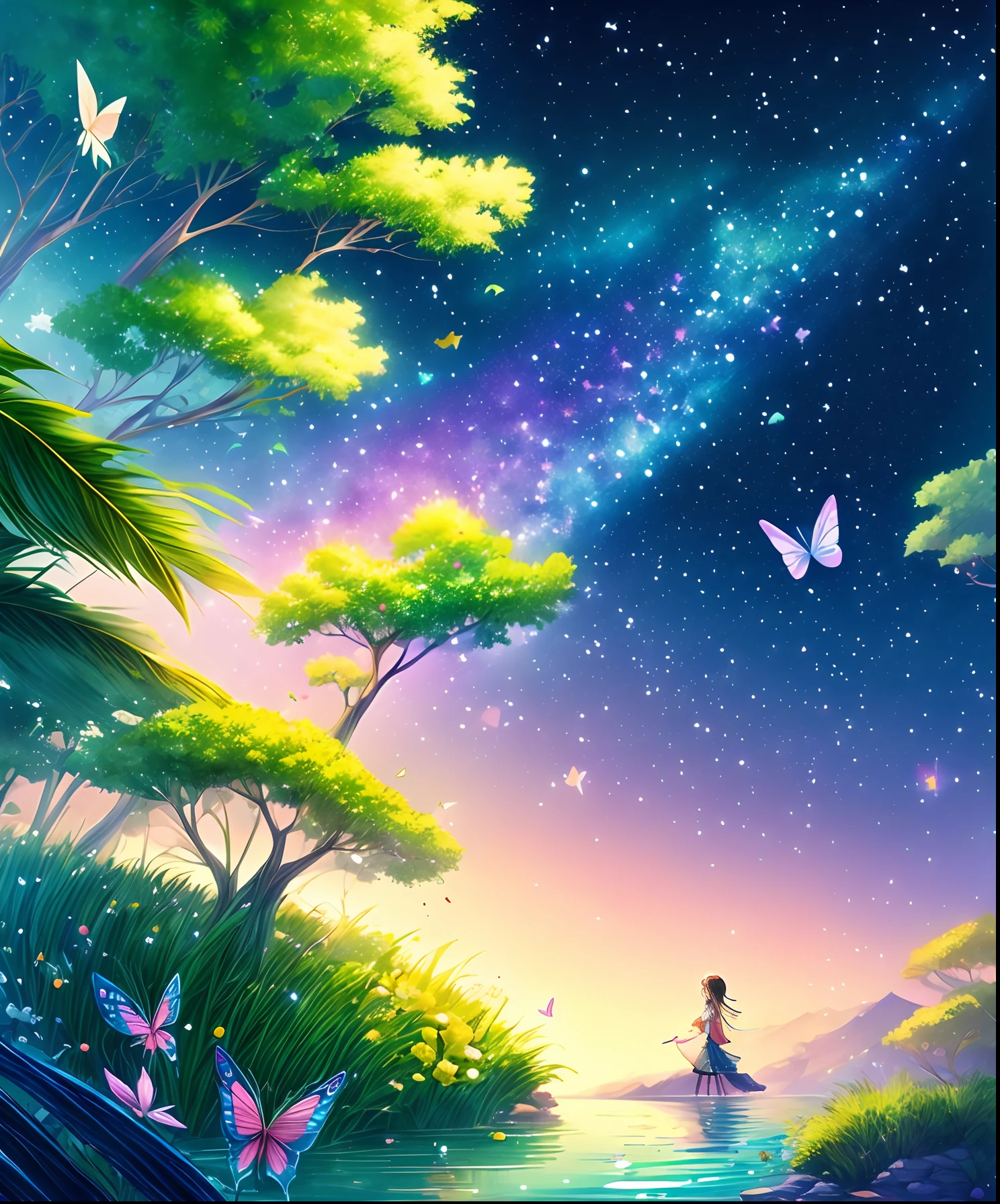 Cute girl characters、Green grass々Drawing a butterfly flying over the water, Looking up at the starry sky. Surround her with colorful nebulae and colorful forests.