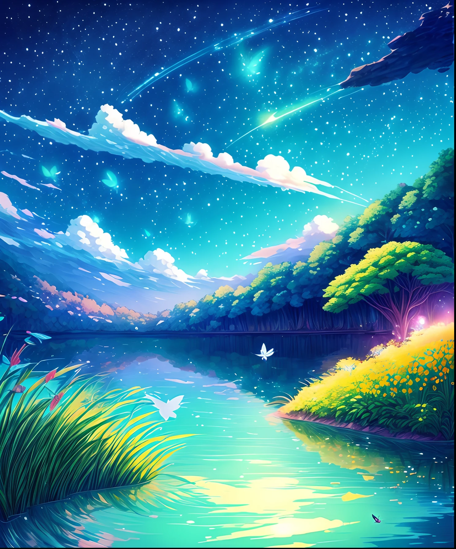 Cute girl characters、Green grass々Drawing a butterfly flying over the water, Looking up at the starry sky. Surround her with colorful nebulae and colorful forests.