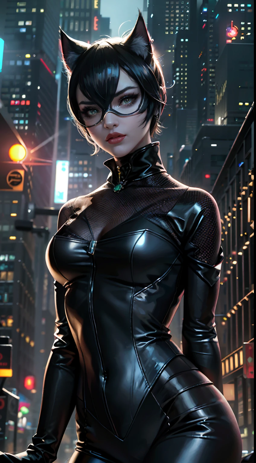 catwoman, sexy woman, dc comics, small, half naked, dressed in sexy black costume, orejas de gato, máscara catwoman, bat signal in the sky, young, super skinny body, small and beautiful buttocks, toned abdomen, beautiful breasts, gloves, boots, she has a whip in her hand, muchos gatos, gatos en la calle, sexy pose, malevolent, obscene, powerful, super sensual, dramatic background, in the background is gotham city on fire, apocalyptic atmosphere, batman, sensual look, beautiful green eyes, classic hairstyle, hair dyed in bright black color, (best quality,4k,8k,highres,masterpiece:1.2),ultra-detailed,(realistic,photorealistic,photo-realistic:1.37)