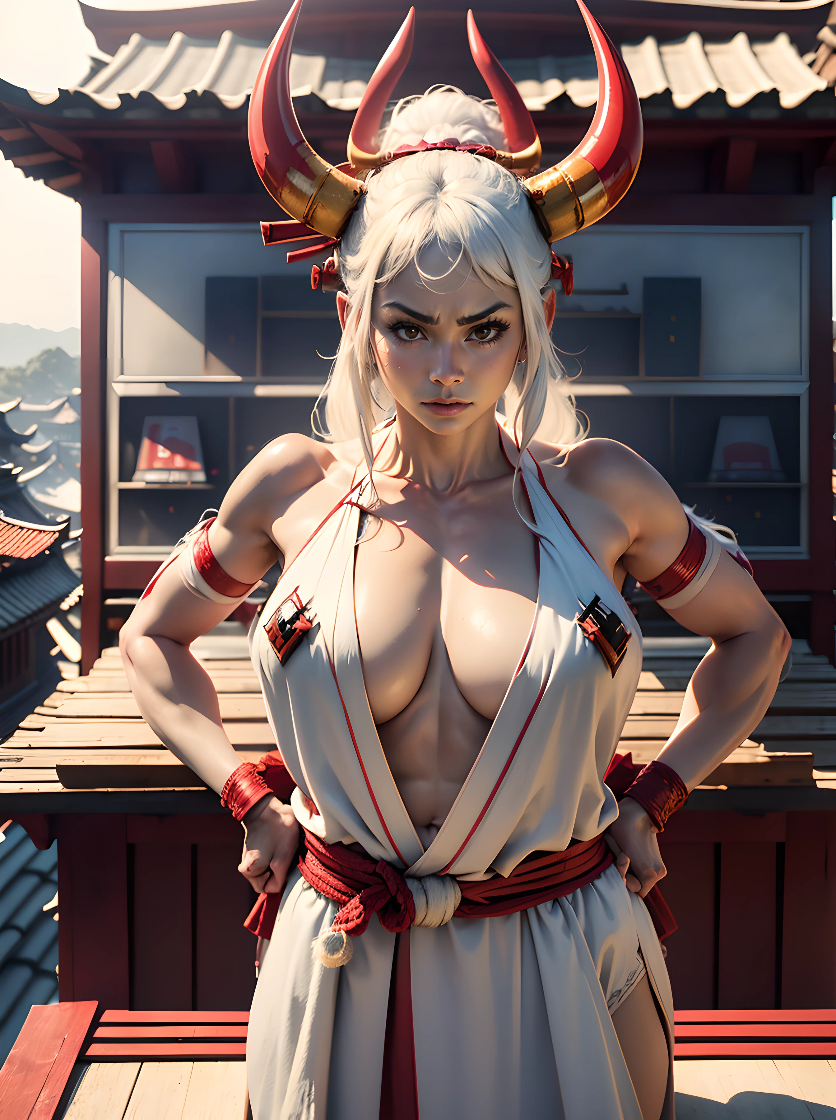 Woman with red horns on her head, in a Japanese costume on a naked body, Standing on the edge of the roof, with white hair, bent over (Posing on the display:1.4), (intricate details:0.9), (HDR, hyper-detailing:1.2), (natural skin textures, hyper realisitc, soft light, Sharp)